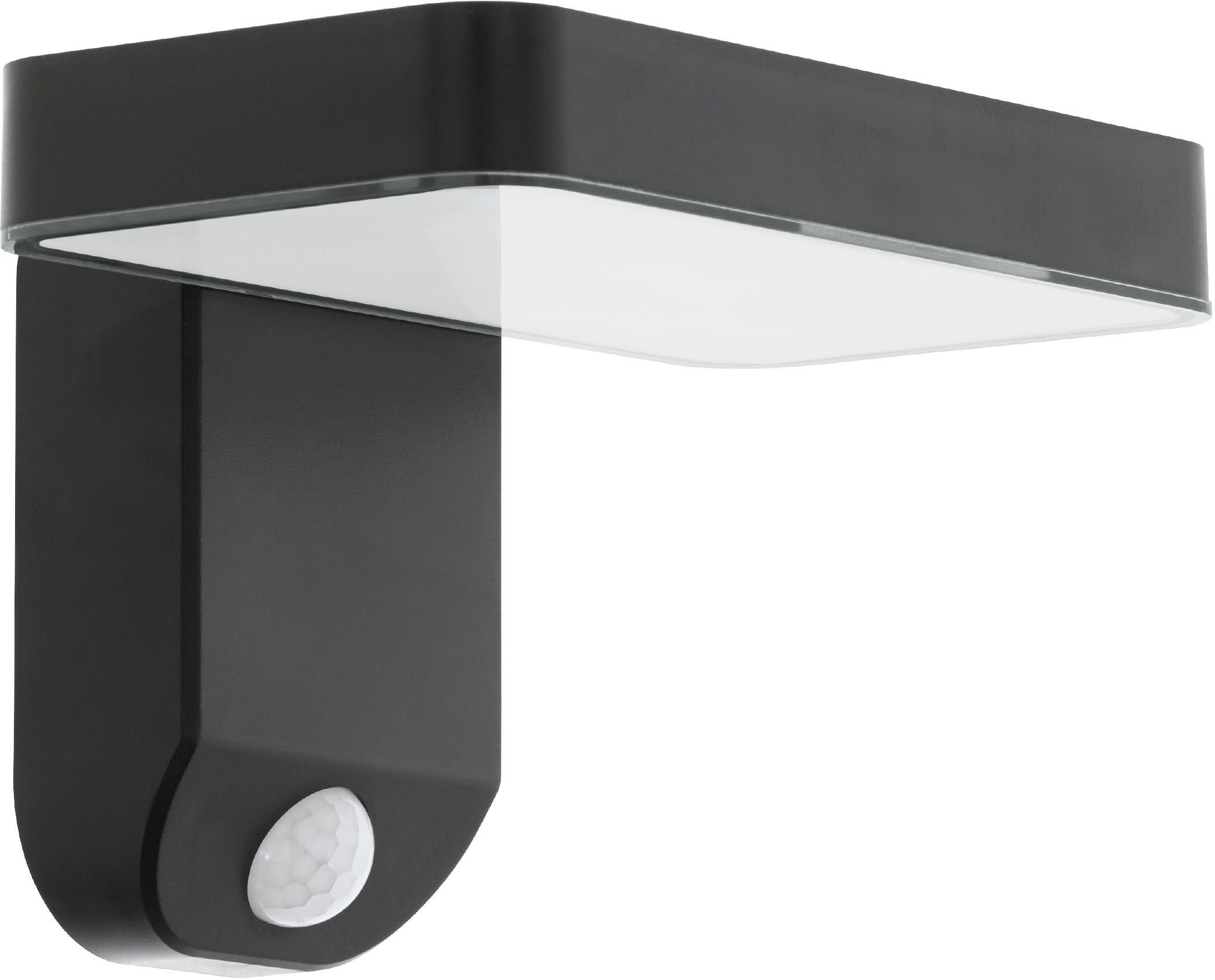 EGLO Wandleuchte PASTION LED Wandlampe, Kunststoff, Solar, Außenlampe, Terasse, Lampe, Bewegungsmelder, LED fest integriert, Warmweiß, Wand-/Deckenleuchte - L18 x H12 x AL13 cm - schwarz - 4,5W inkl.