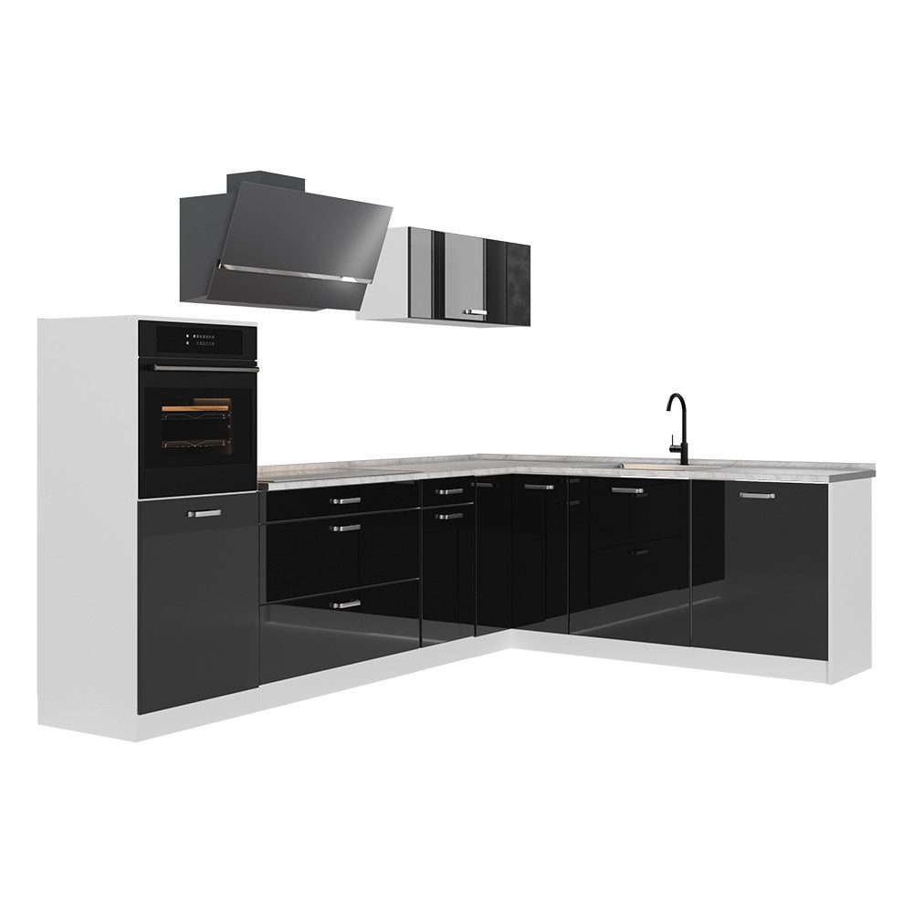 Vicco Winkelküche R-Line, Schwarz Hochglanz/Weiß, 287 x cm Arbeitsplatte Marmor