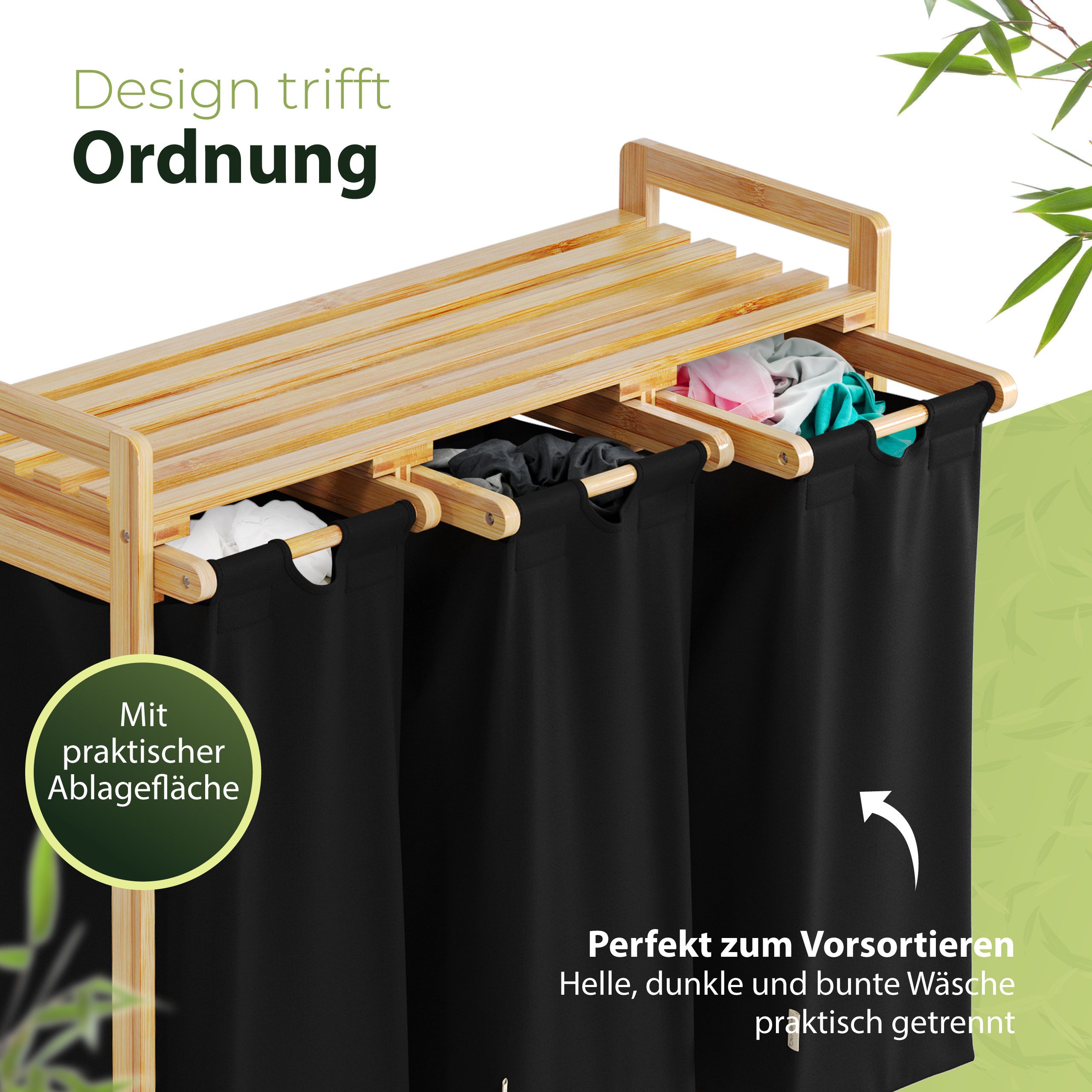 AMBIAVO Wäschekorb 3 Fächer aus Bambus und Baumwolle, mit Ablage günstig online kaufen