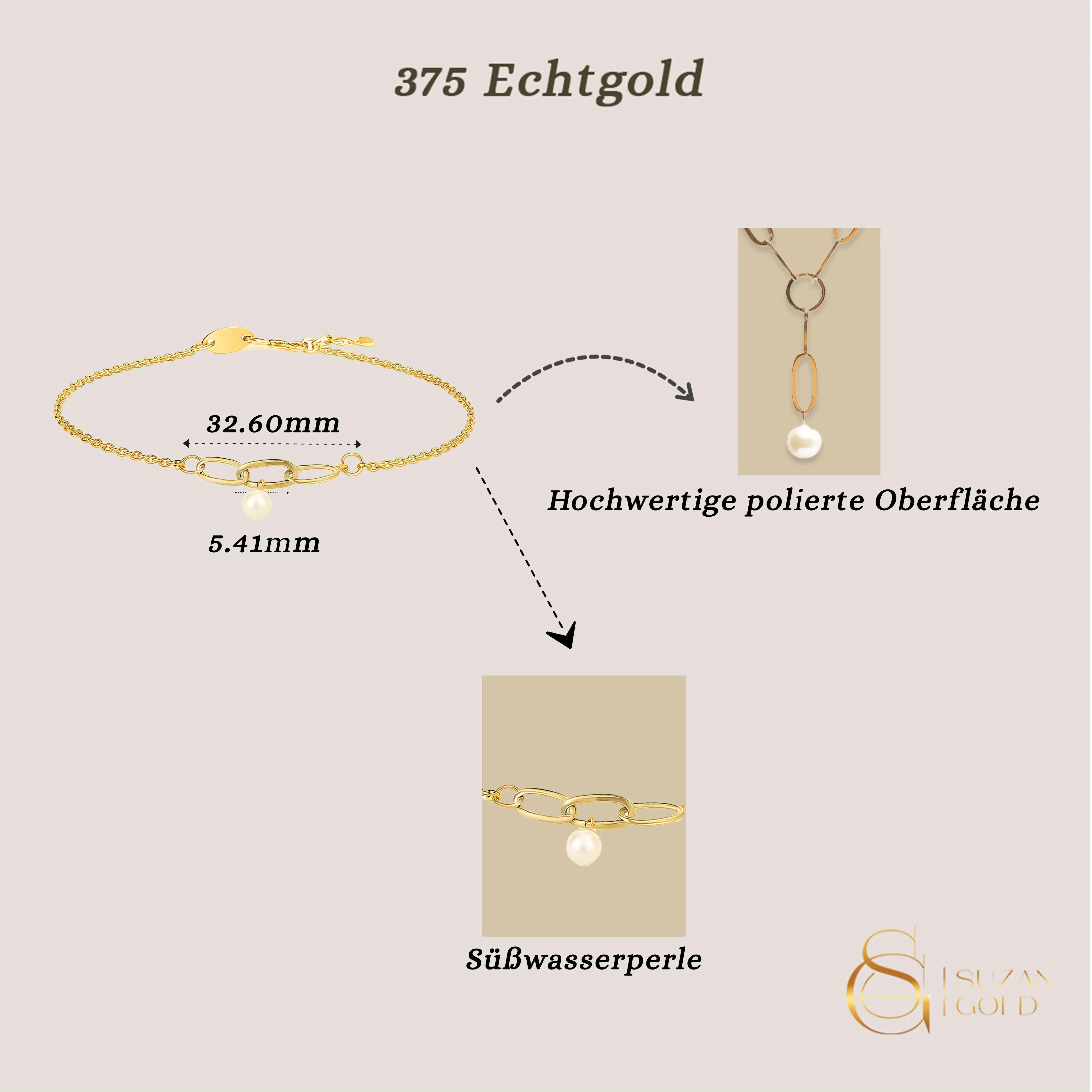 Suzan Gold Charm-Armband 375er Gold Armband – Perlenanhänger, elegant & wasserfest, Gelbgold 375, Länge: 17+2cm