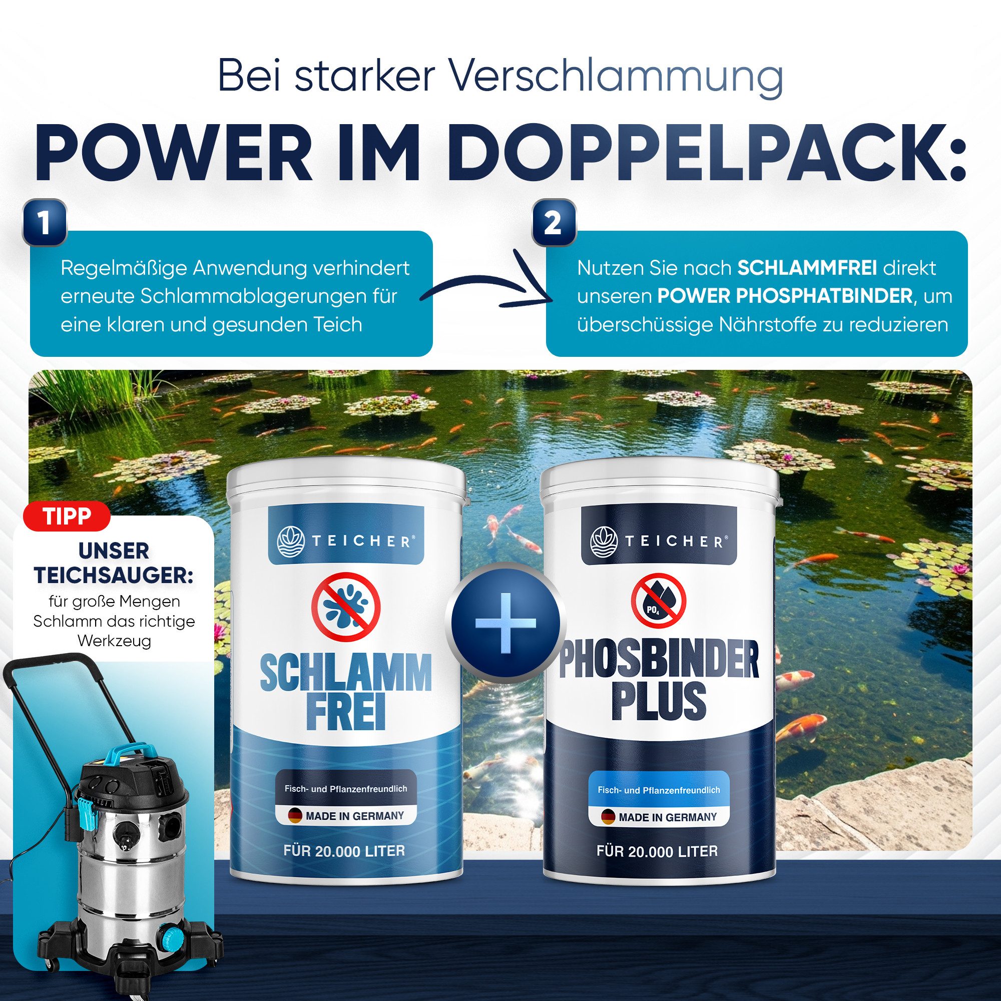 Teicher Teichpflege Teichschlamm Entferner – Natürliche Reinigung mit Sauerstoff, sichtbare Ergebnisse nach schon 30 Minuten