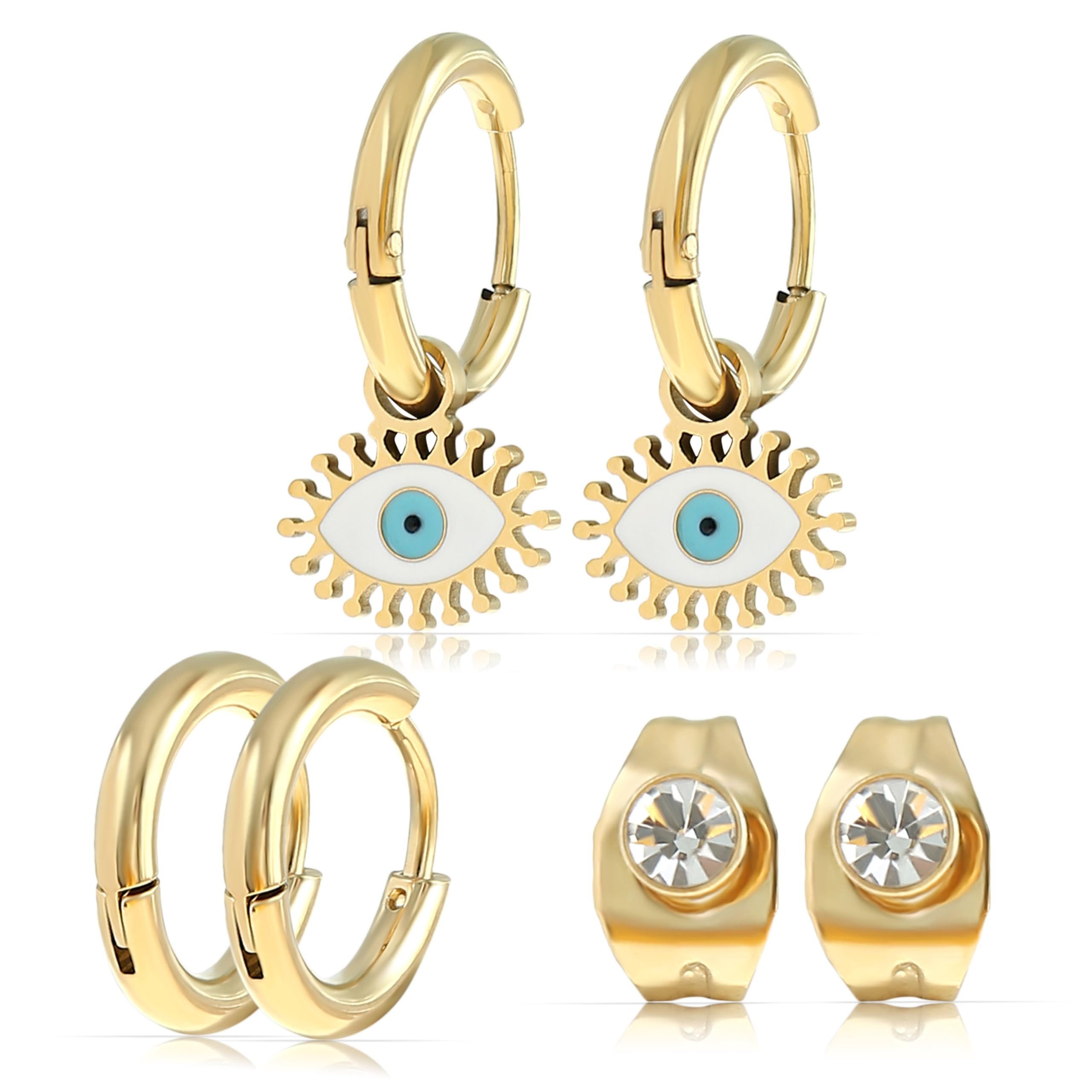 Ohrring-Set 3er-Set mit Evil Eye Gold Ohrringe und Ohrstecker mit Edelstein
