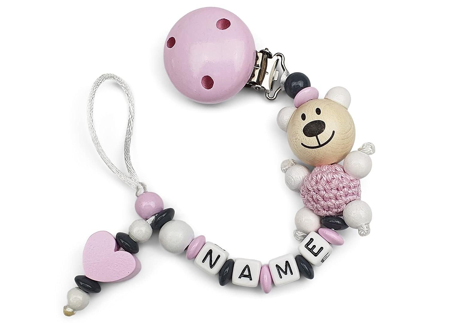 kleinerStorch Schnullerbefestigung Baby Schnullerkette personalisiert mit Namen, Mädchen Nuckelkette für Schnuller - Bär & Herz in rosa