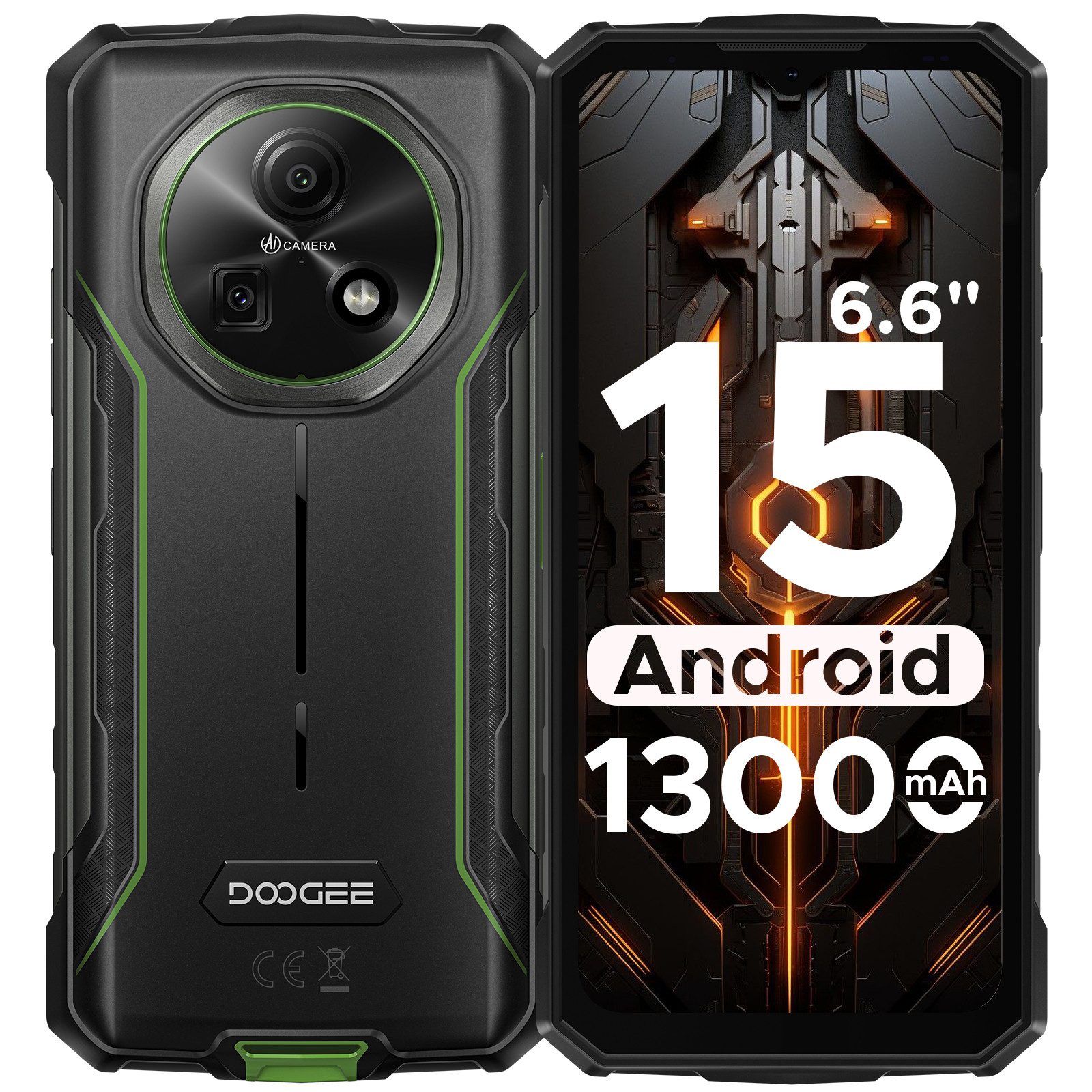 DOOGEE Fire 5 Android 15 Outdoor Handy 13000mAh Großer Akku Smartphone (16,7 cm/6.6 Zoll, 64 GB Speicherplatz, 13 MP Kamera, 6.6'' HD+ 90Hz, 13MP + 8MPKamera, 3GB +64GB, NFC/ OTG/ Triple-Slot)