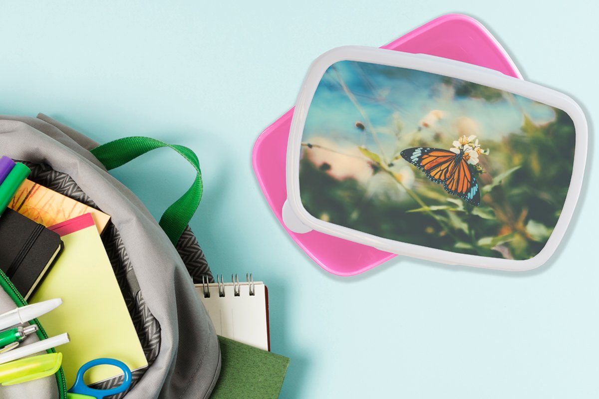 rosa MuchoWow - Kunststoff, für Lunchbox Brotbox Garten, Blumen Erwachsene, Snackbox, Kinder, Kunststoff (2-tlg), - Mädchen, Brotdose Schmetterling