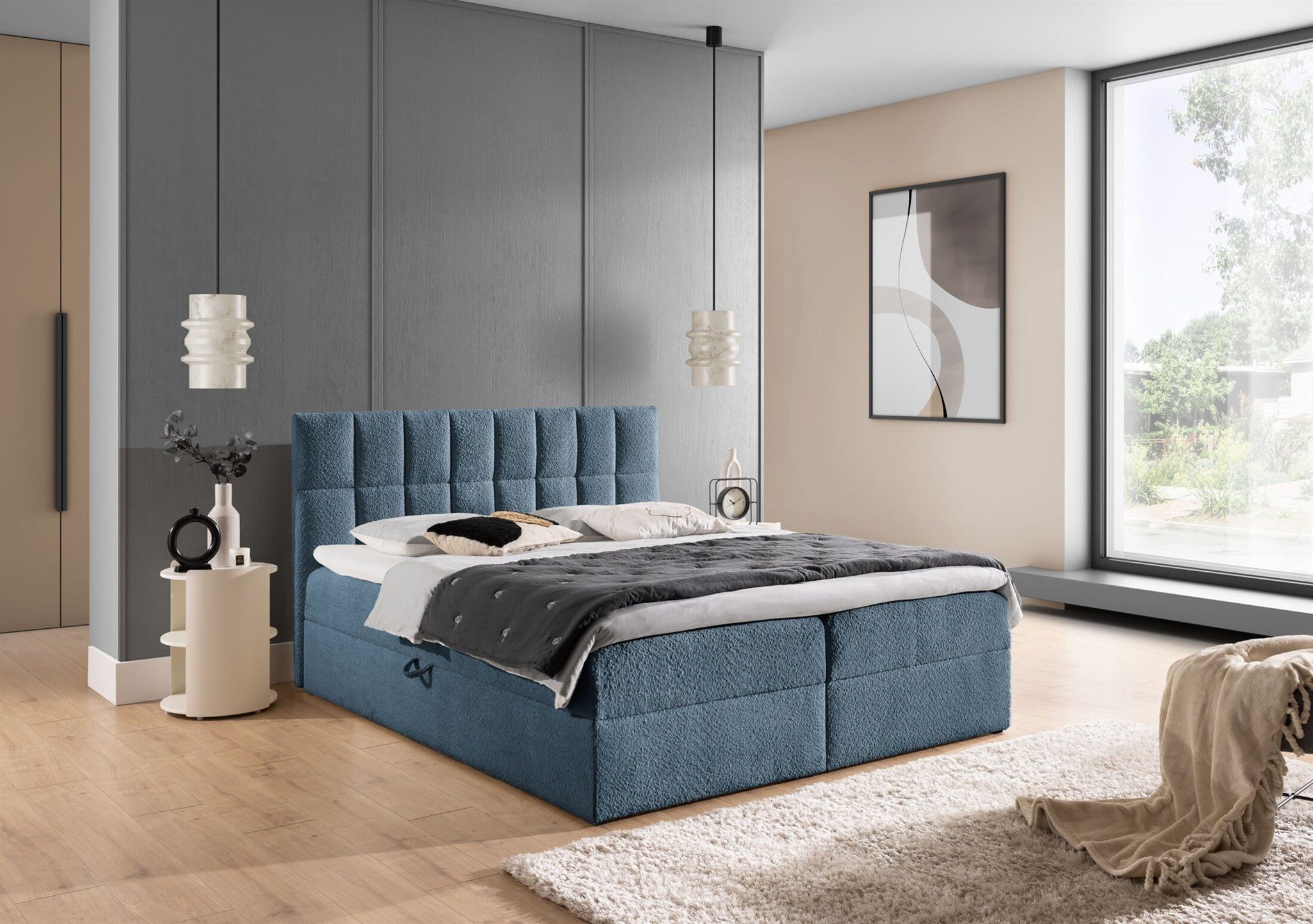 Fun Möbel Boxbett Schlafzimmerbett DOMINGA PREMIUM Stoff Coral (inkl. Bettkasten, inkl. Taschenfederkernmatratze), inkl. Visco-Topper und Bettkasten