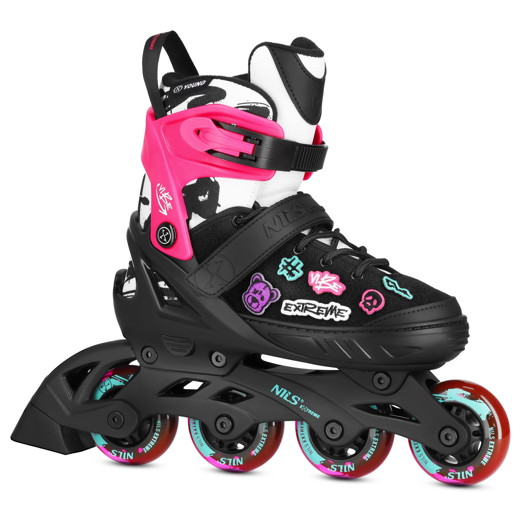 NILS EXTREME Inlineskates Inliner Vibe Inline Skates Rosa 4 verstellbare Größen 29-43, Personalisierungssystem mit dekorativen Klettpatches