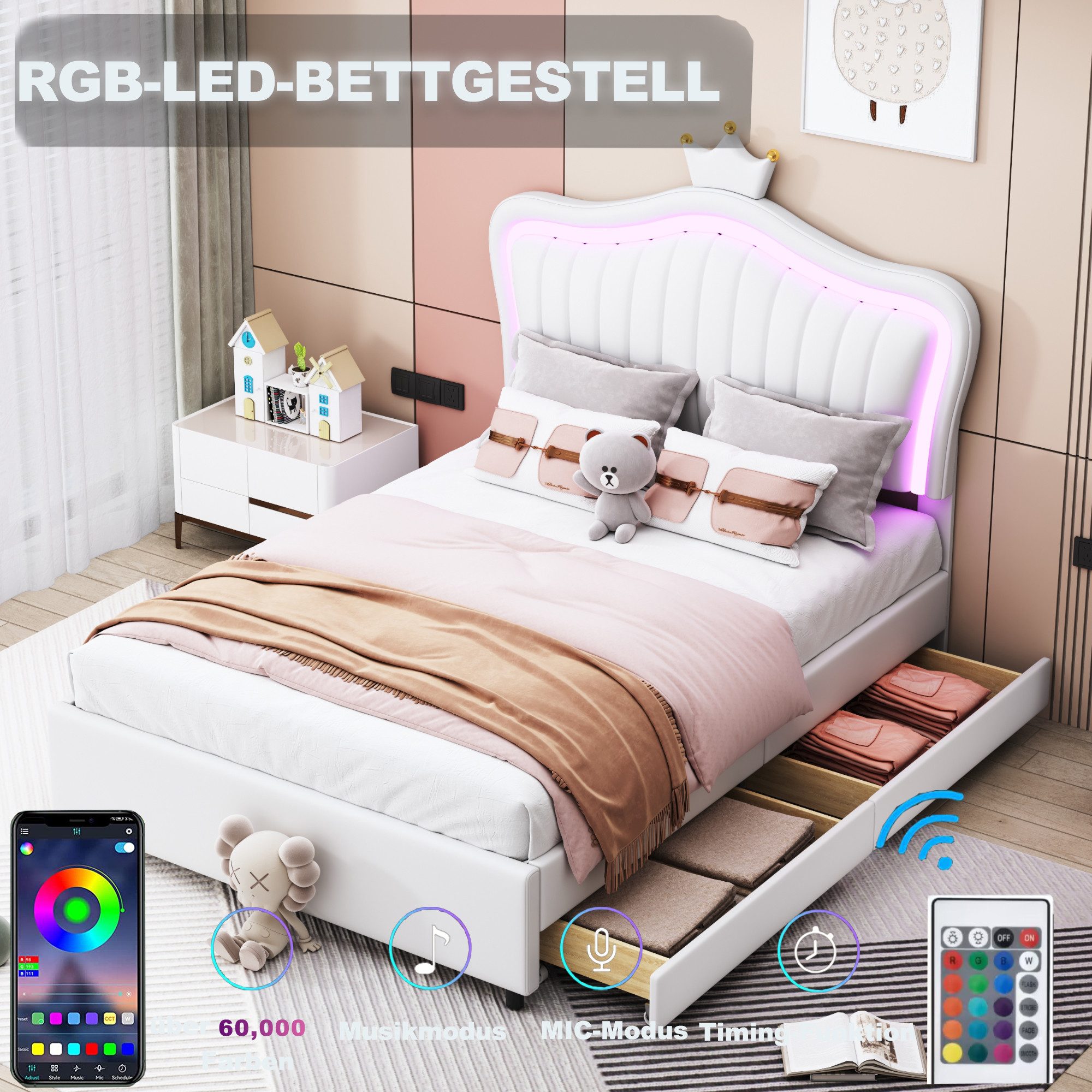 STILVORA Kinderbett 90x200 Polsterbet mit LED-Leuchten&Stauraum,Jugendbett günstig online kaufen