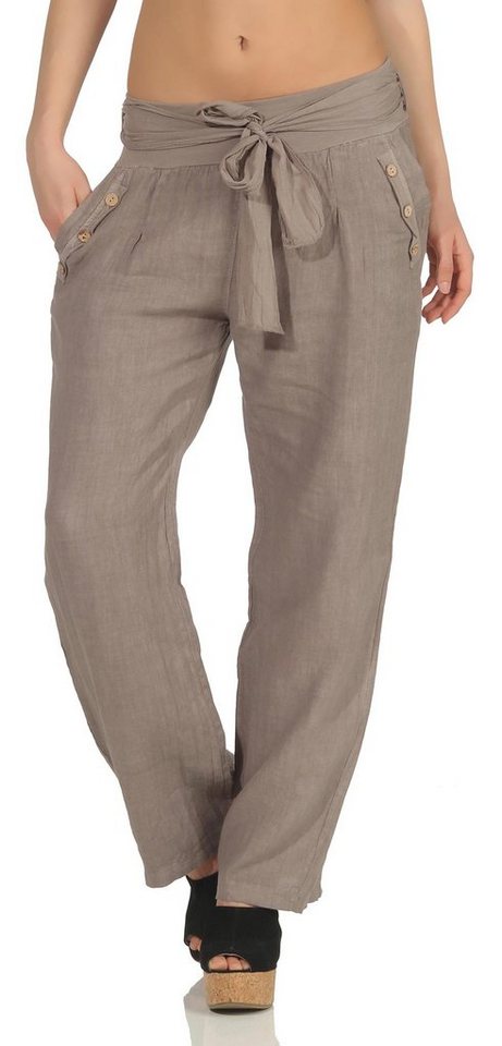 malito more than fashion Leinenhose malito Damen Hose aus Leinen, Stoffhose in Unifarben, feine Freizeit feine Leinen Hose mit Stoffbindegürtel