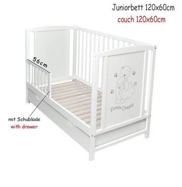 Dedstore-Baby Kinderbett mit Matratze 120x60cm Komplett Set Weiß Sweet Dreams Spannbettlaken (Spar-Set, Komplett Set Gitterbett), inkl. Bettkasten, Laken mit Gummizug