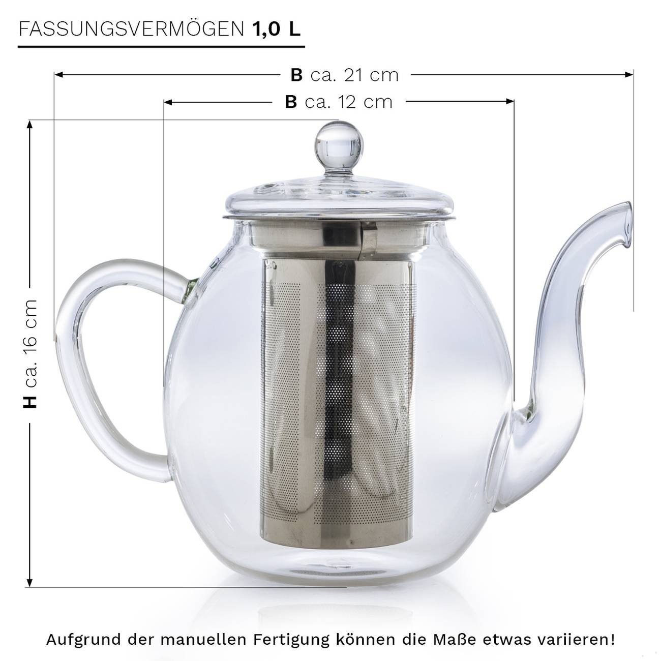 Creano Teekanne Teekanne aus Glas 1,0l - 2 Teeblumen - mit Edelstahl-Sieb und Deckel