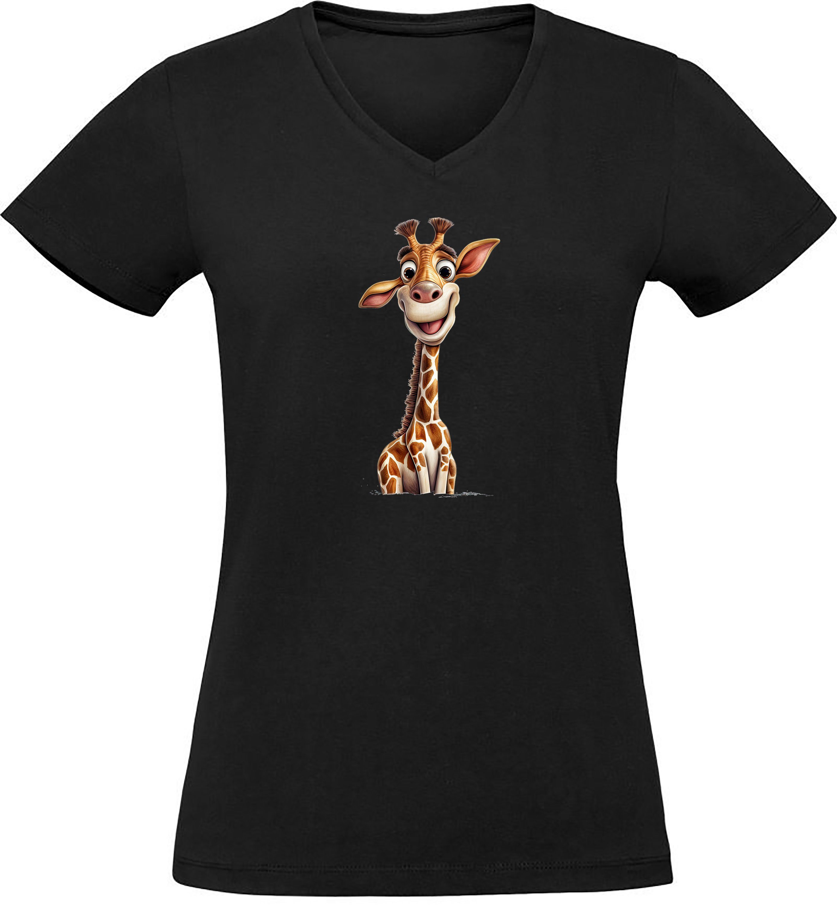 Baby V-Ausschnitt Wildtier Print T-Shirt - Slim i273 Fit, Giraffe Damen MyDesign24 schwarz Aufdruck mit Baumwollshirt Shirt