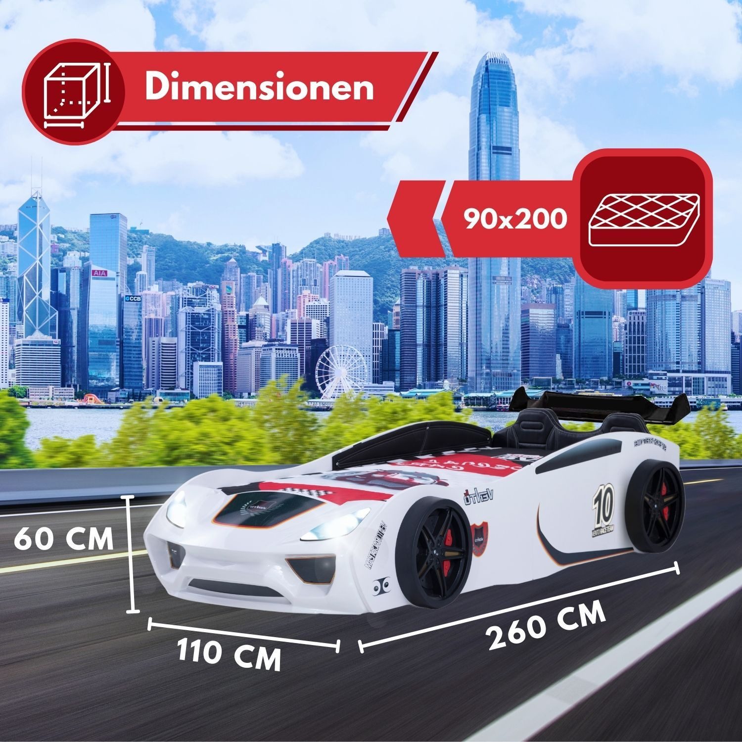 Coemo Autobett VENTO SPORT (Komplett-Set Bett und Lattenrost), Weiß Autobett Rennwagen Holz MDF Kinderbett mit Lattenrost + Polster