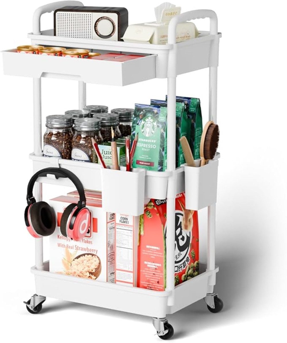 SPACEKEEPER Servierwagen 3-stöckiger Rollwagen mit Schublade – Badorganizer & Küchenorganizer, (1 St), Mobiler Aufbewahrungswagen für enge Nischen, Küche & Wäscherei