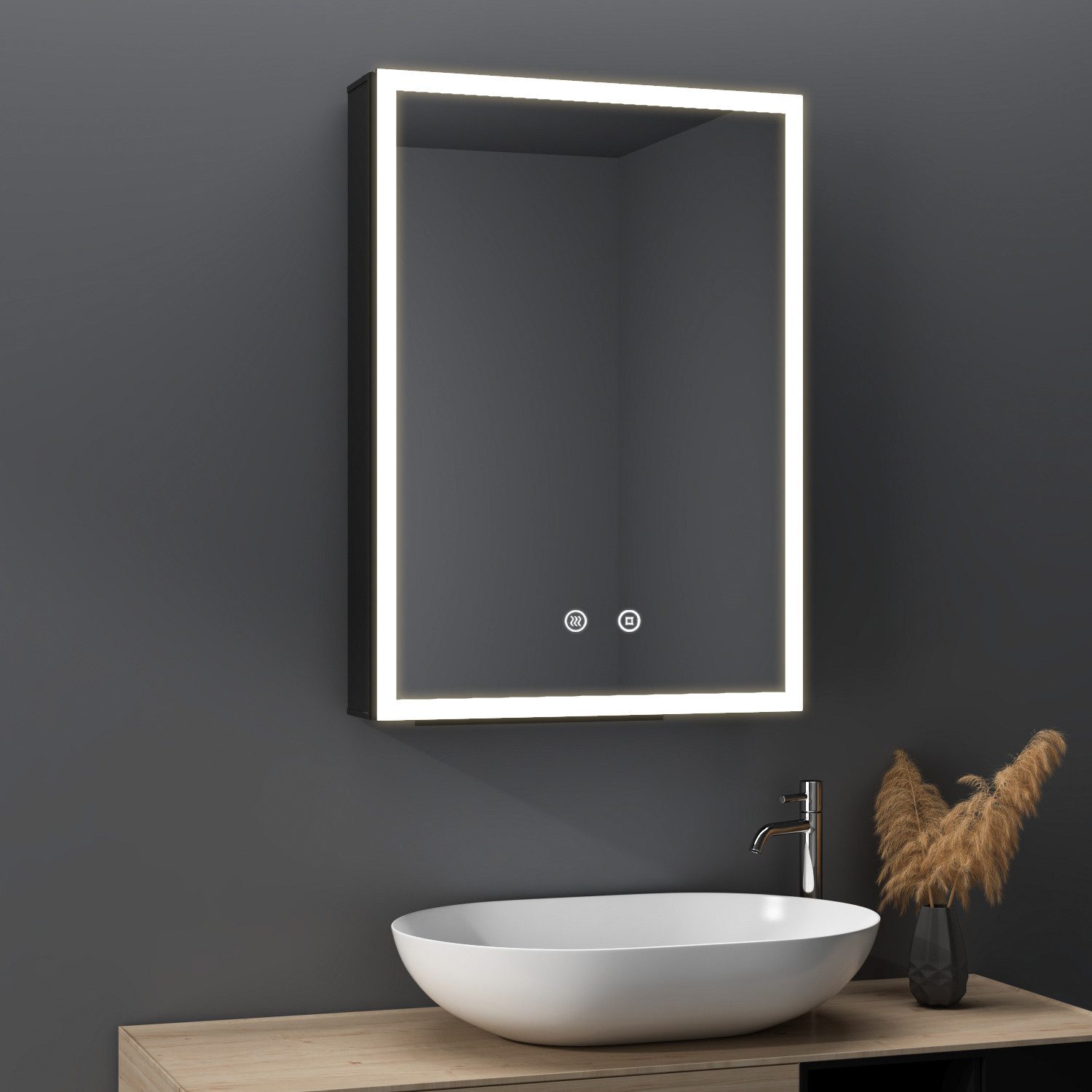 WDWRITTI Hängeschrank Badezimmer Spiegelschrank Schwarz Bad mit beleuchtung Wandschrank (Badezimmerspiegelschrank 50x12,5x70cm, 3Lichtmodi, Dimmbar, Anti-fog, Speicherfunktion) Alu-Schranktür, Doppelseitiger Spiegel, mit Netzadapter