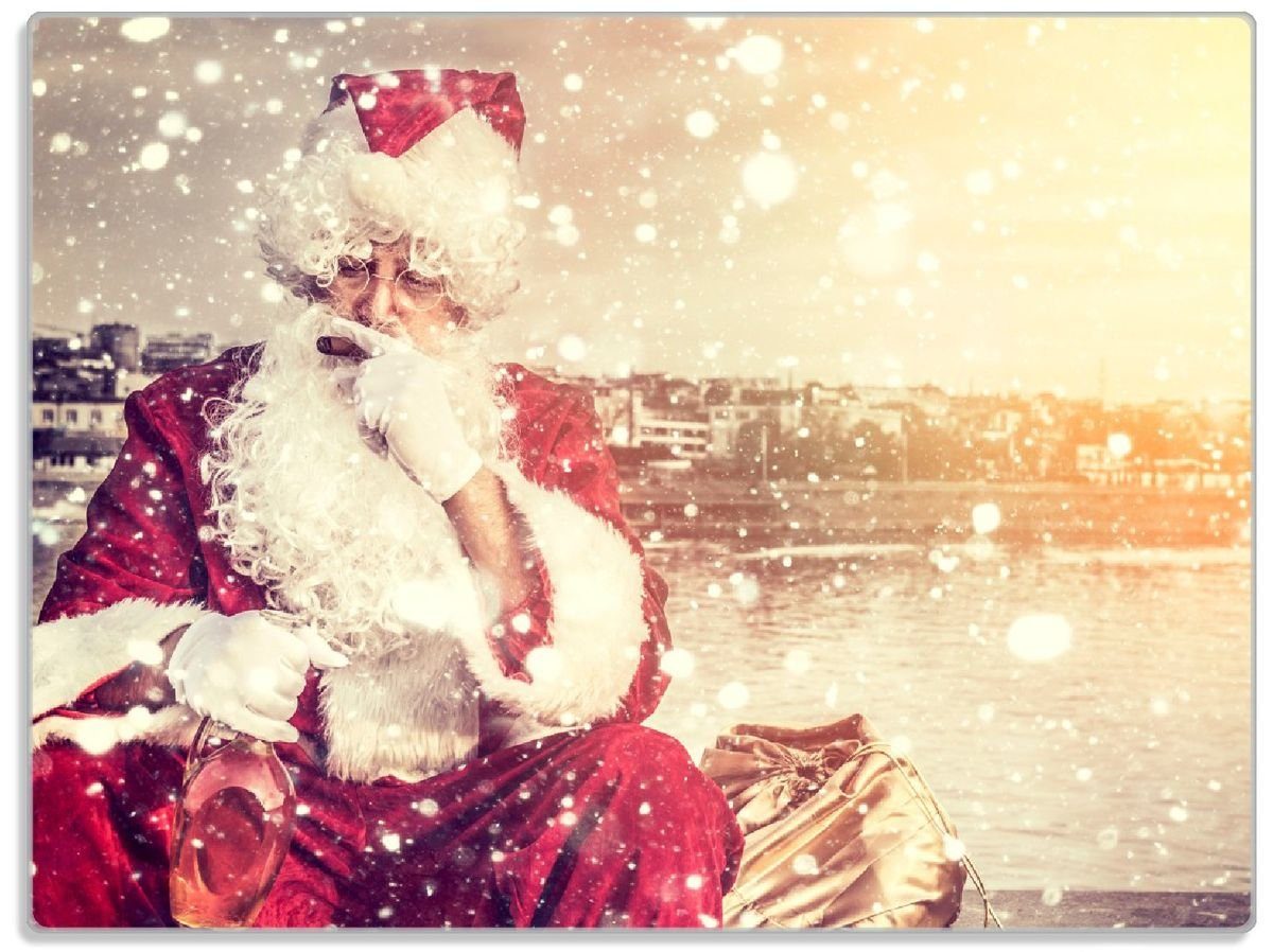 Wallario Schneidebrett Christmas-Party - Weihnachtsmann mit Schnaps und Zigarre, ESG-Sicherheitsglas, (inkl. rutschfester Gummifüße 4mm, 1-St), 30x40cm
