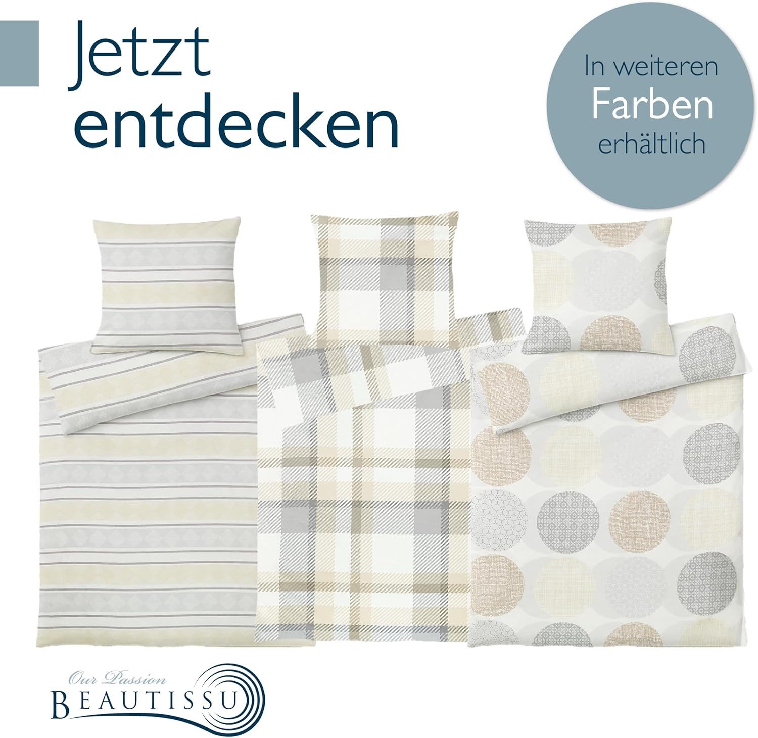 Beautissu Bettwäsche Biber Bettwäsche 4tlg Josi, 135x200cm, 80x80cm, Beige, 100% Baumwolle Warme Flanell Winterbettwäsche Biberbettwäsche