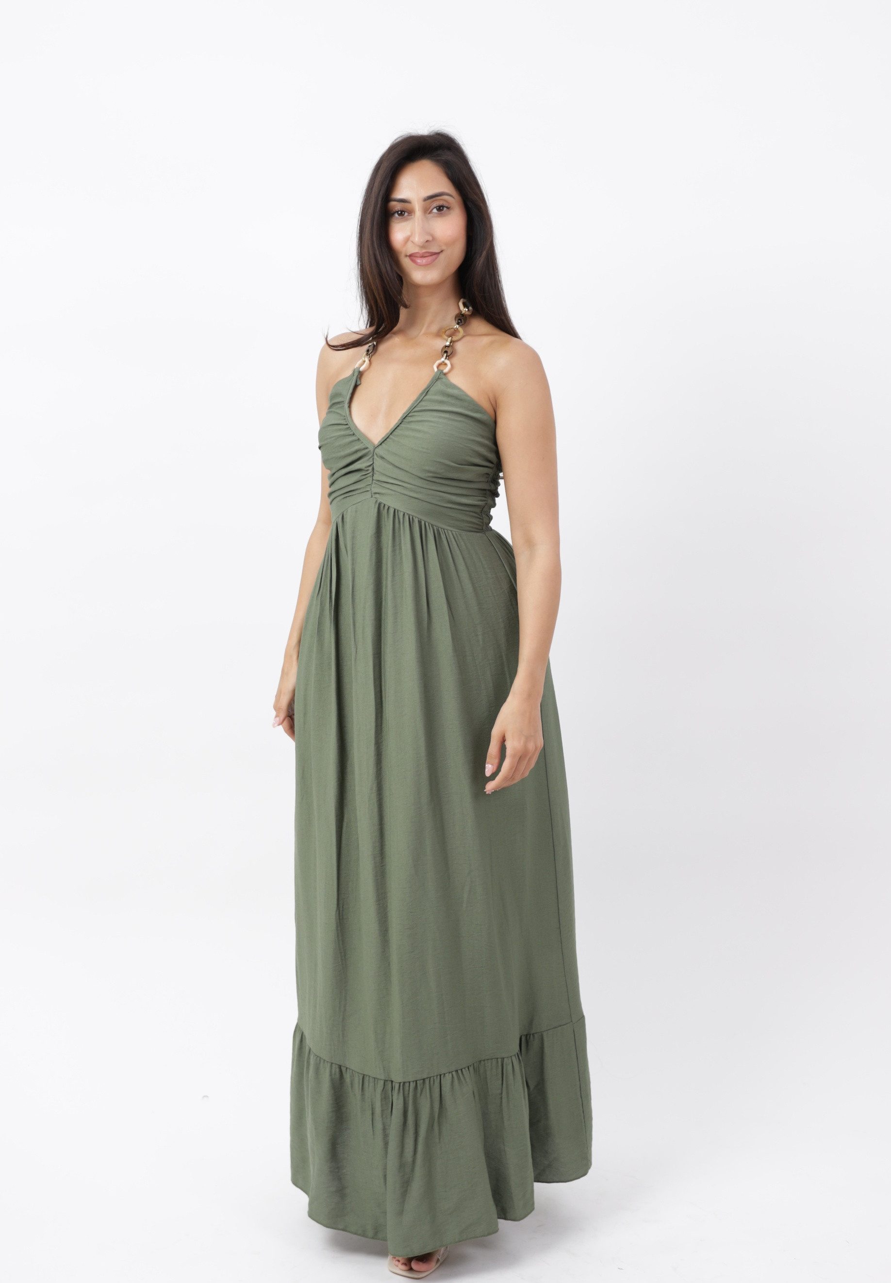 Elara Maxikleid Damen Maxikleid mit Neckholder, Schmuckringen und gerafftem Oberteil (1-tlg)