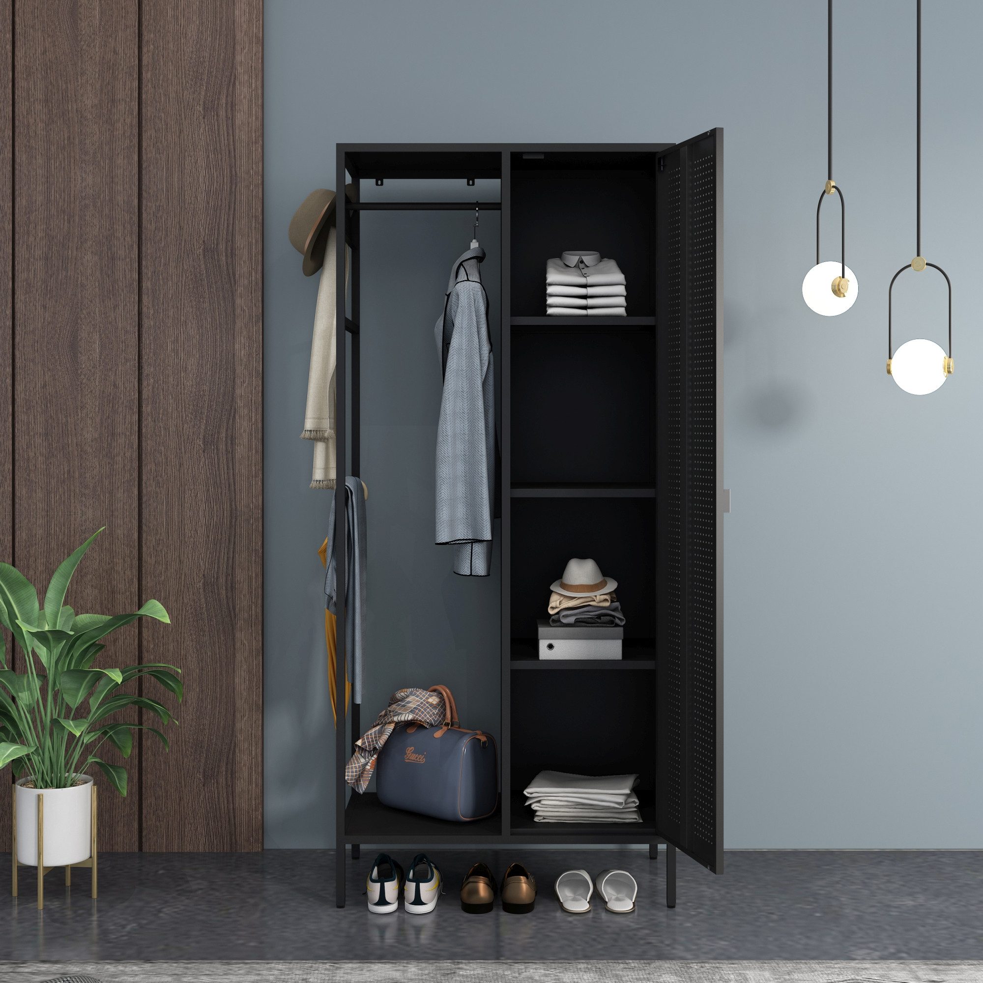 en.casa Kleiderschrank »Puumala« 180x80x45 cm 4 Fächer und 1 Kleiderstange Metall Schwarz – Bild 3 von 5
