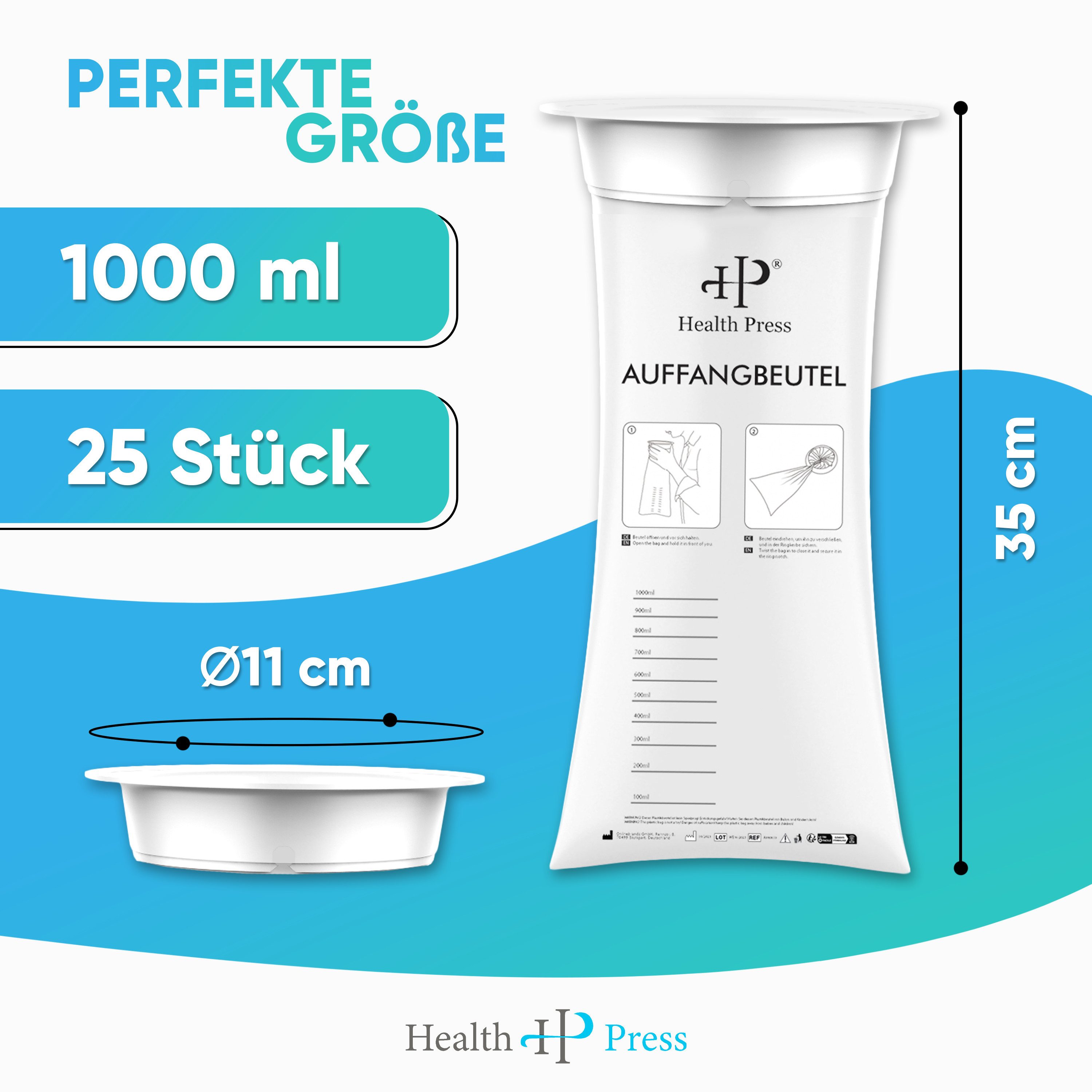 Health Press Spucktuch Auffangbeutel – Brechbeutel 1000 ml, (25-tlg), mit Mundstück