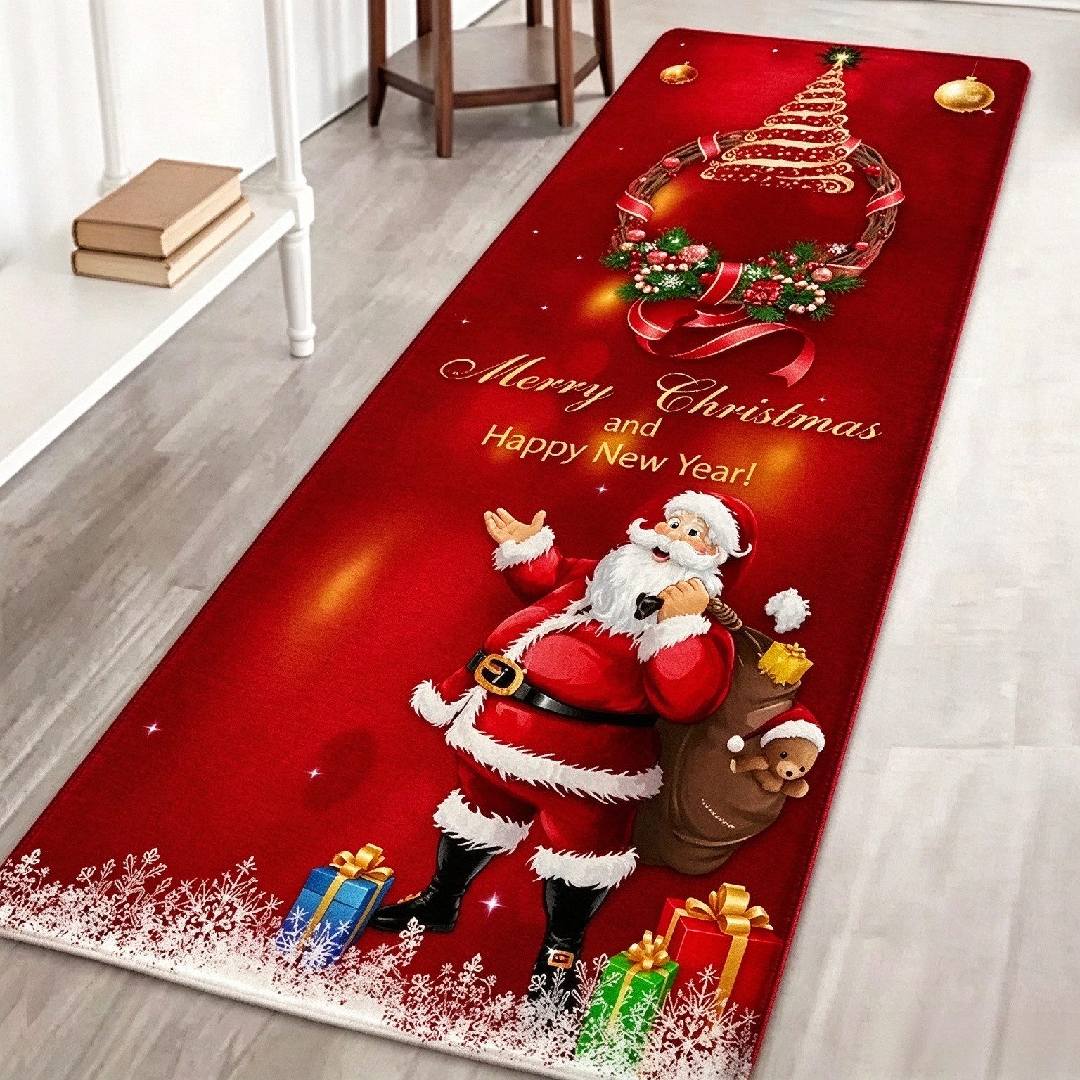 FOUORTUNATE-BEE Teppich Weihnachtsläufer 40 x 120 cm, rutschhemmender Teppich mit Motiv, Weihnachtsmatte mit Weihnachtsmann, Rentier, Baum …