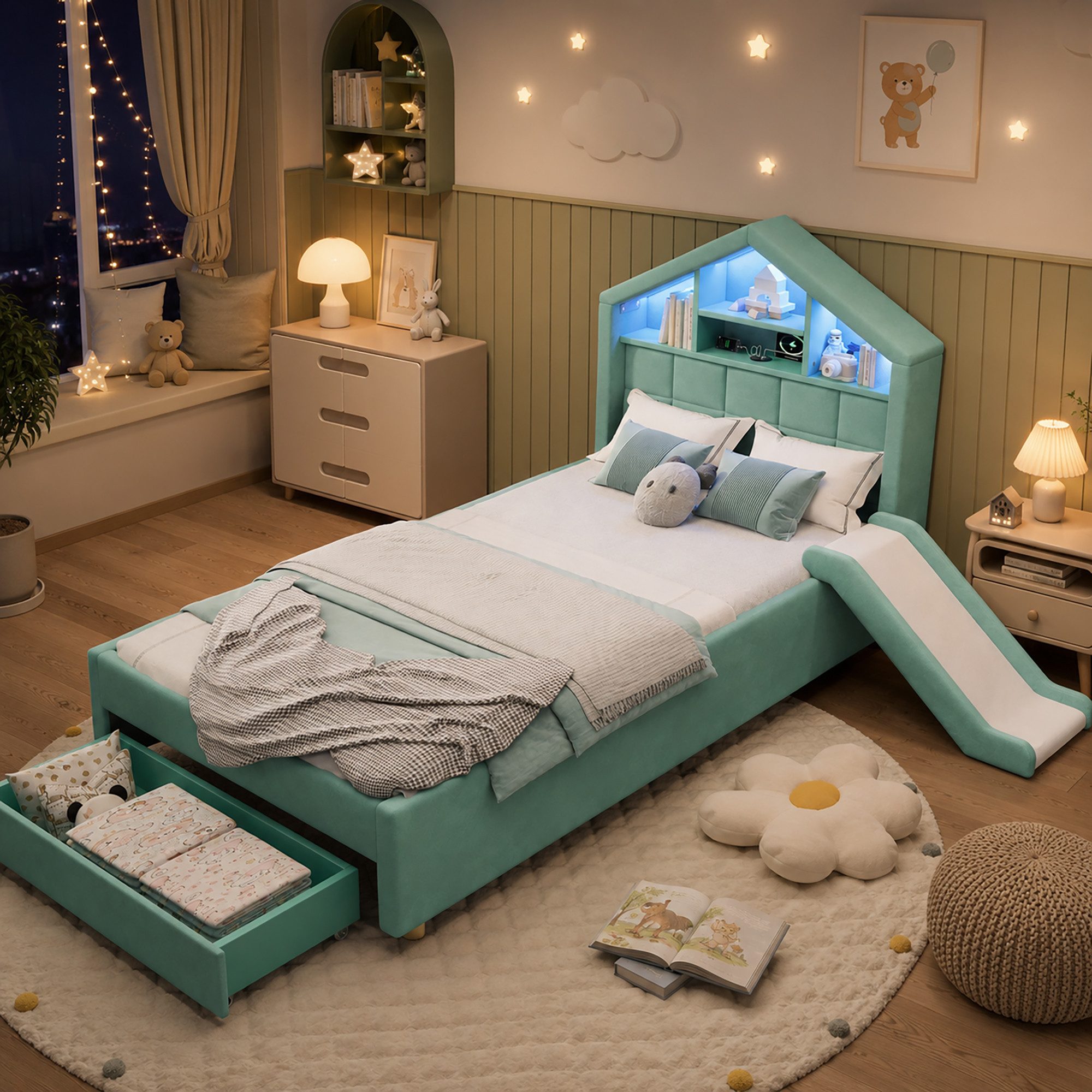 Flieks Polsterbett mit Rutsche links/rechts montierbar, Kinderbett Hausform 90x200cm mit LED-Beleuchtung, Aufladen, Schublade