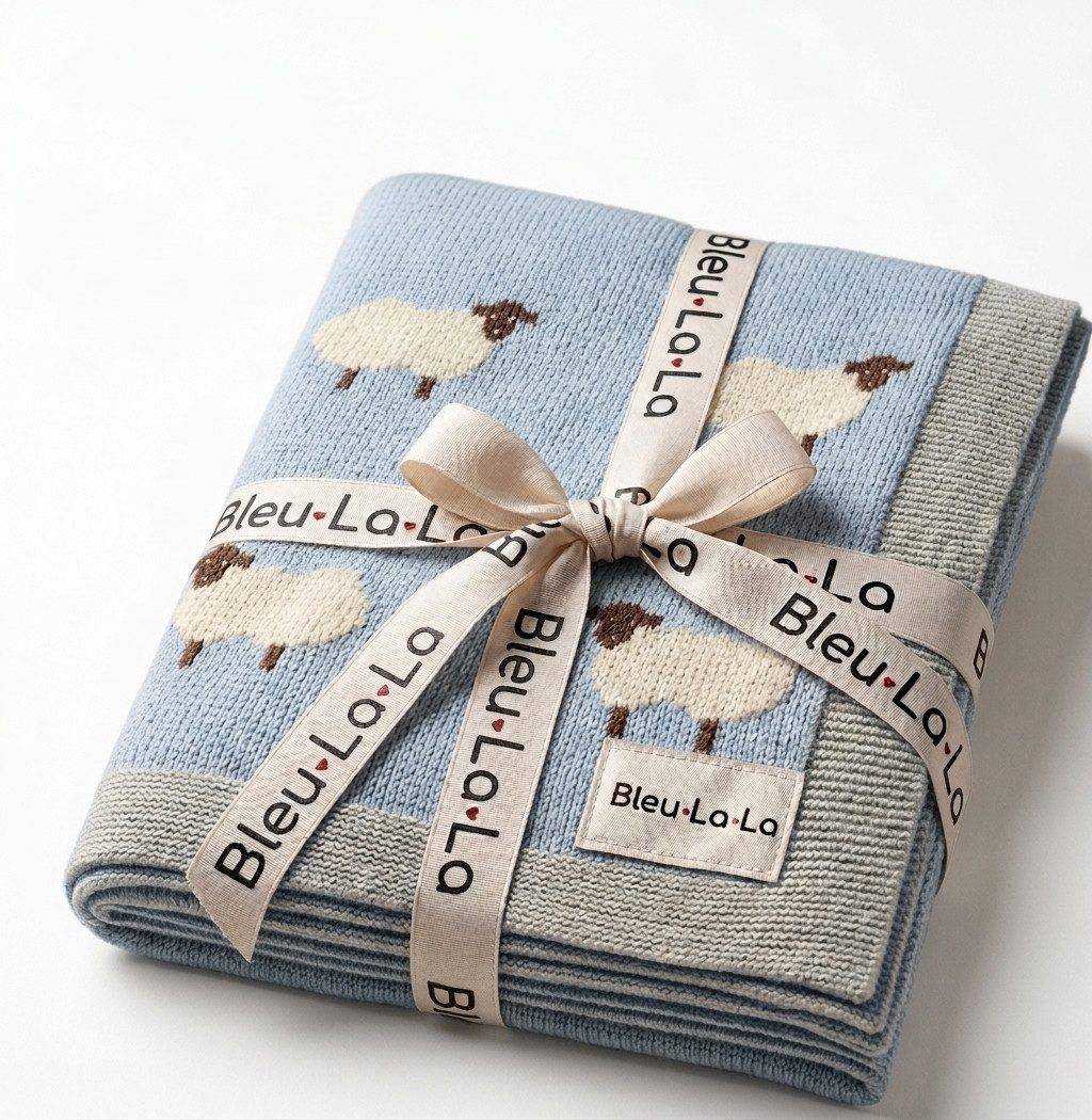 Babydecke Bleu La La Whimsy Collection gestrickte Knit Decke mit Schafmotiv, TSE, 100% Baumwoll Babywickel Decke