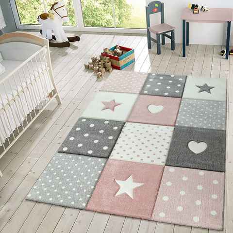 Kinderteppich Teppich Kinderzimmer Kinderteppich Sterne Herz Punkte Kurzflor Pastell, TT Home, quadratisch, Höhe: 16 mm