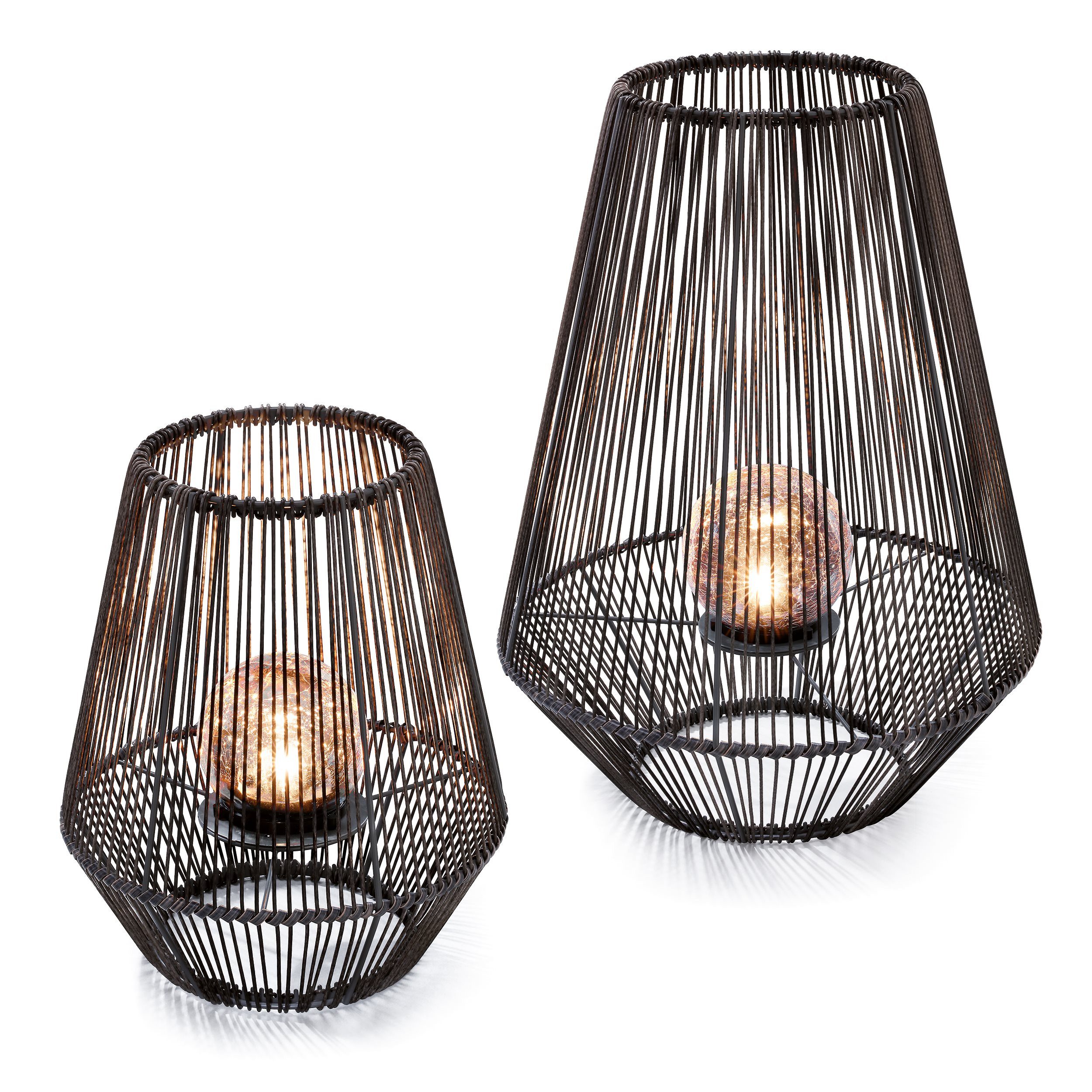 esotec LED Solarleuchte 2x Windlicht Ilona H31,5+51cm POLYRATTAN Bruchglaskugel 2800K 102209, LED fest integriert