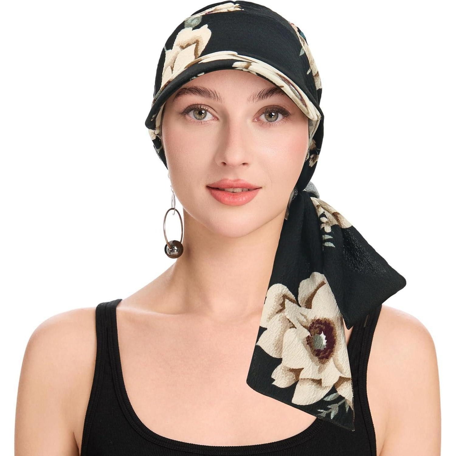 LuxusKollektion Turbanmütze Kopfbedeckung Damen Chemo Krempe Visier Gebundene Beige Blumen Schwarz