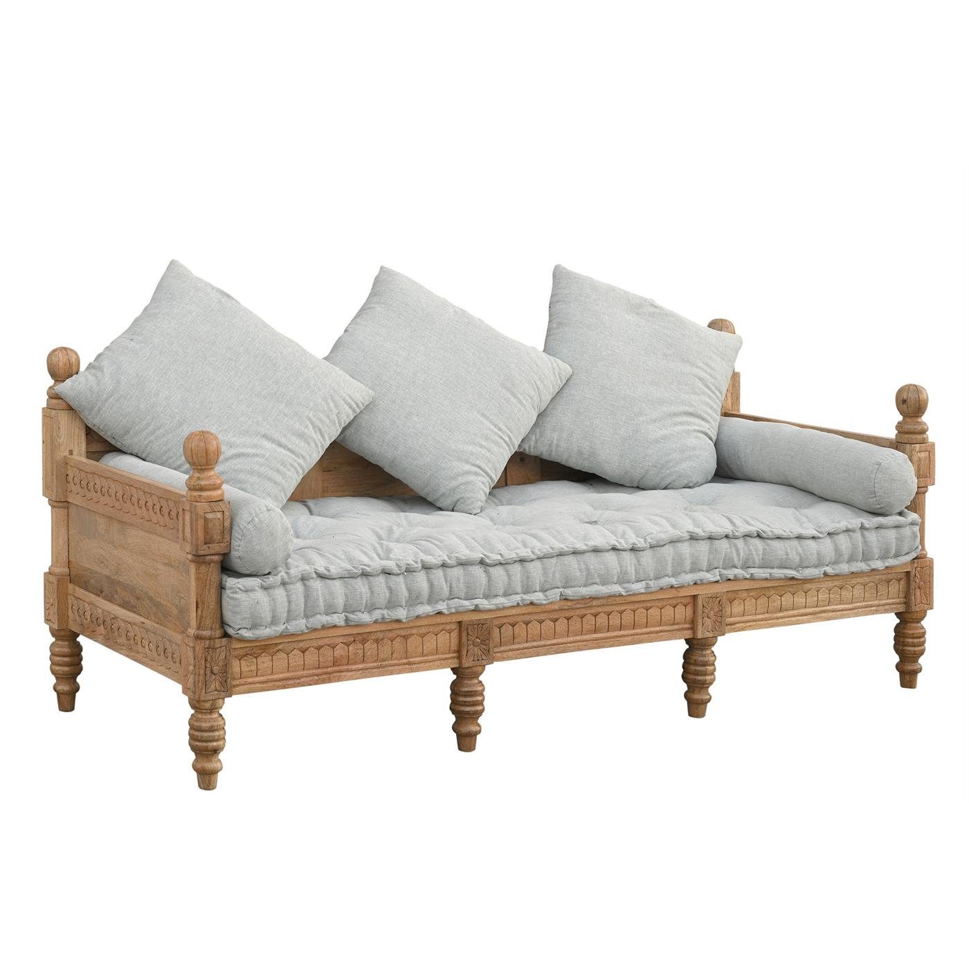 baario 3-Sitzer Holzsofa POBRI Wohnzimmer, Massivholz & Leinen Barock Antik Design