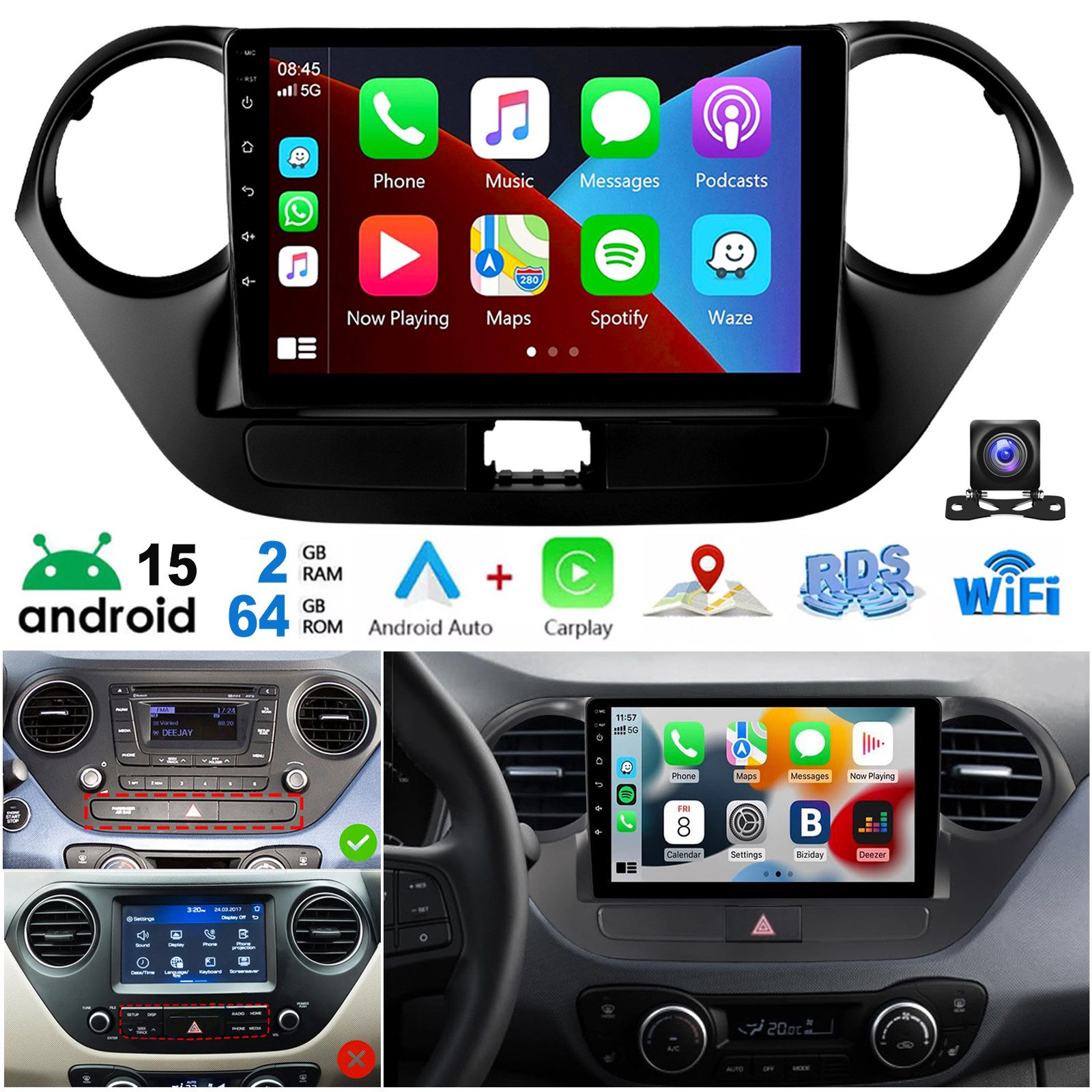 ESSGOO DAB+ 64G Android 15 Für Hyundai i10 II IA/BA 2013-16 Carplay GPS Navi Autoradio (RDS, 4+64GB(optional), FM, AM, DAB+ (optional)