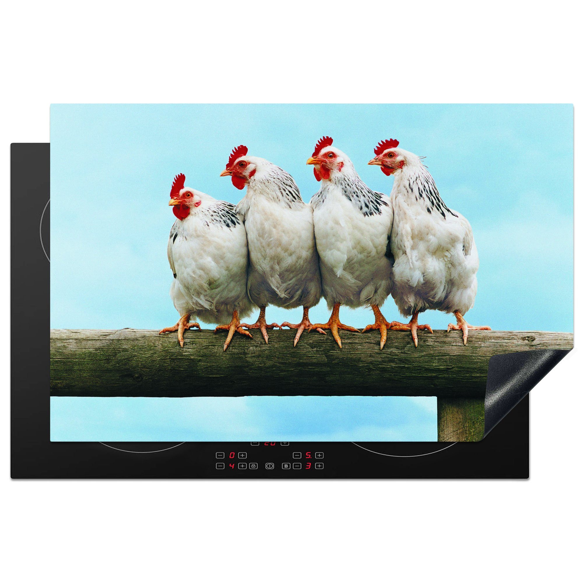 Herdblende-/Abdeckplatte MuchoWow küche, Schutz die Zaun, cm, für Ceranfeldabdeckung Vinyl, Vier einem 81x52 Induktionskochfeld Hühner (1 tlg), auf
