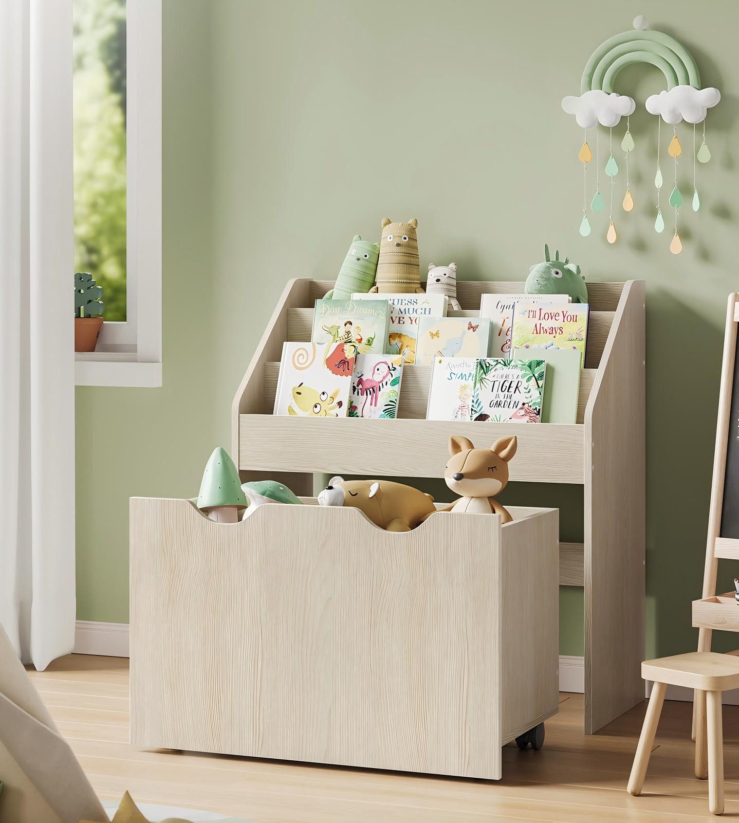 SONGMICS Spielzeugtruhe Bücherregal für Kinder, Kinderregal, mit Kippschutz, auf Rollen, 70cm Höhe