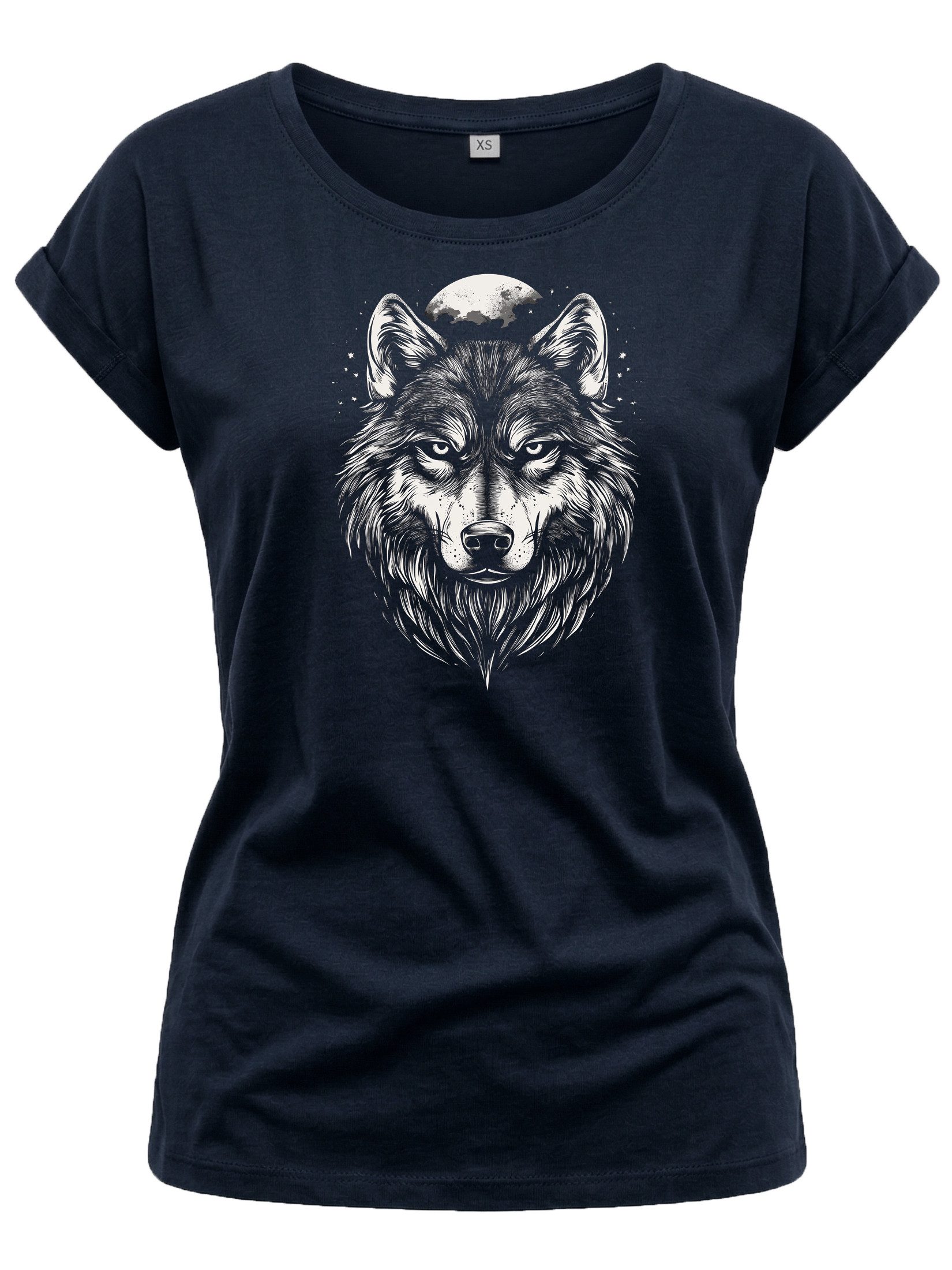 Print-Shirt mit Wolf Motiv für Damen Wolfskopf Viking Wikinger Top