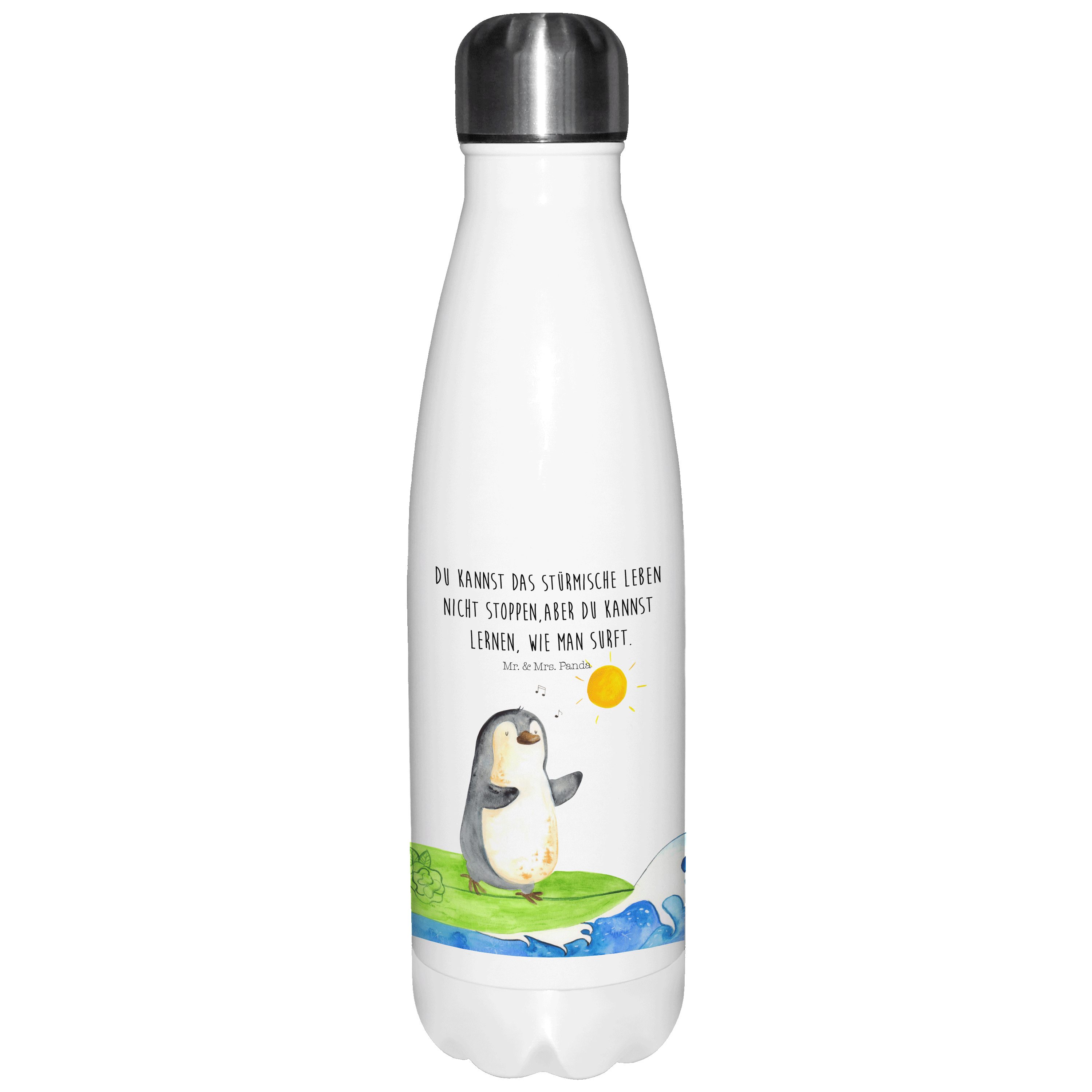 Mr. & Mrs. Panda Thermoflasche Pinguin Surfer - Weiß - Geschenk, Thermos, optimistisch, Trinkflasche, Motivierende Sprüche