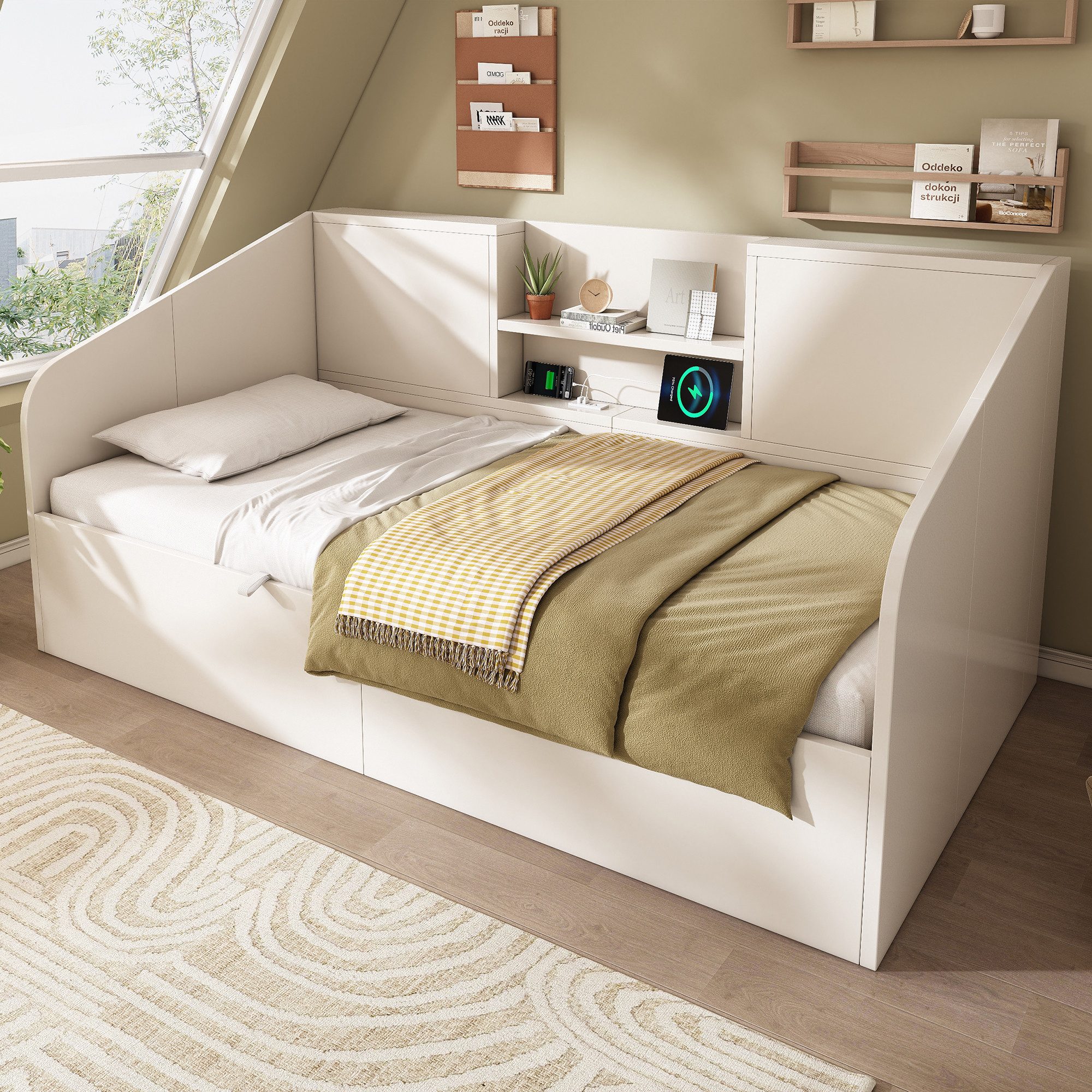 Odikalo Schlafsofa 90x200 140x190 Schlafcouch mit Bettkasten USB und Lattenrost, mit 2 Ablagen, großem Stauraum & USB/Type-C-Ladestation, Lattenrost inkl., platzsparendes Einzelbett (ohne Matratze)