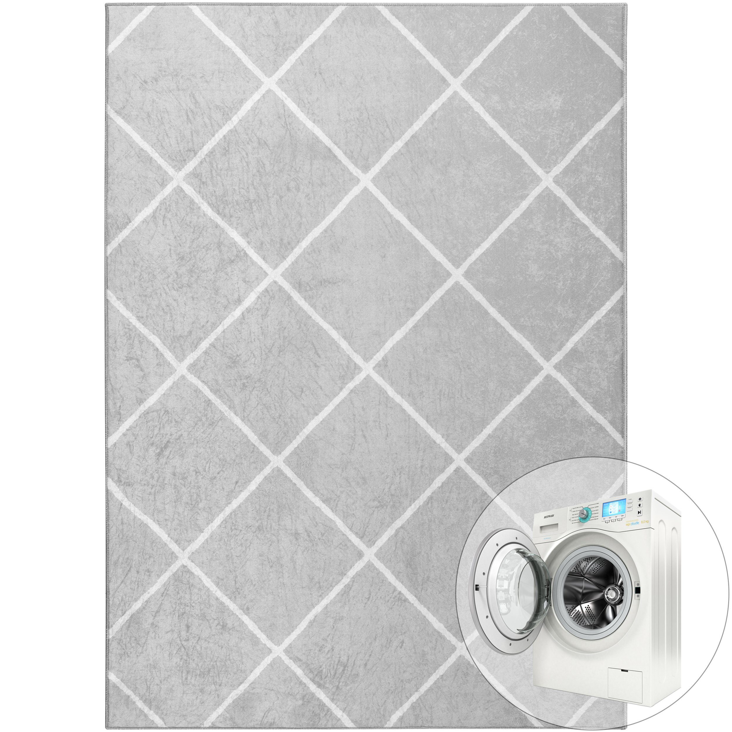 Teppich Waschbare Teppiche Wohnzimmer Waschbar in der Waschmaschine Anti Slip, Mynes Home, Grau, Geometrisch, Raute
