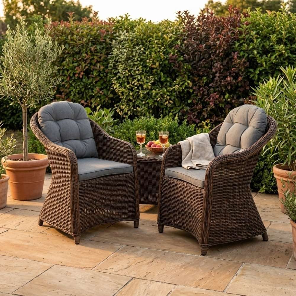 LebensWohnArt Gartenstuhl 2er Set Sessel BELLA rundes Polyrattan Natural-Brown Gartenstuhl
