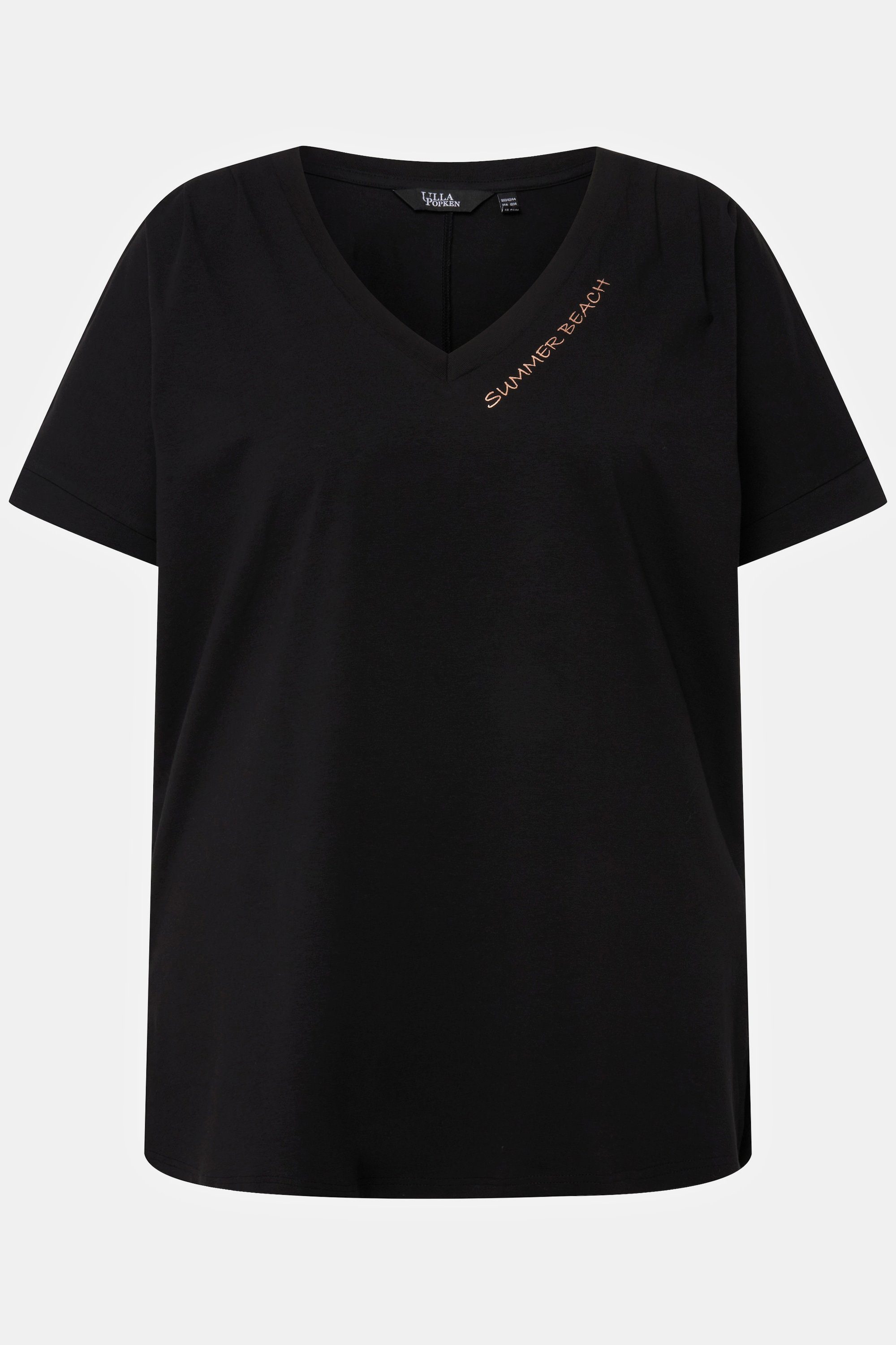 Ulla Popken Rundhalsshirt Longshirt Oversized V-Ausschnitt Zierfalten schwarz