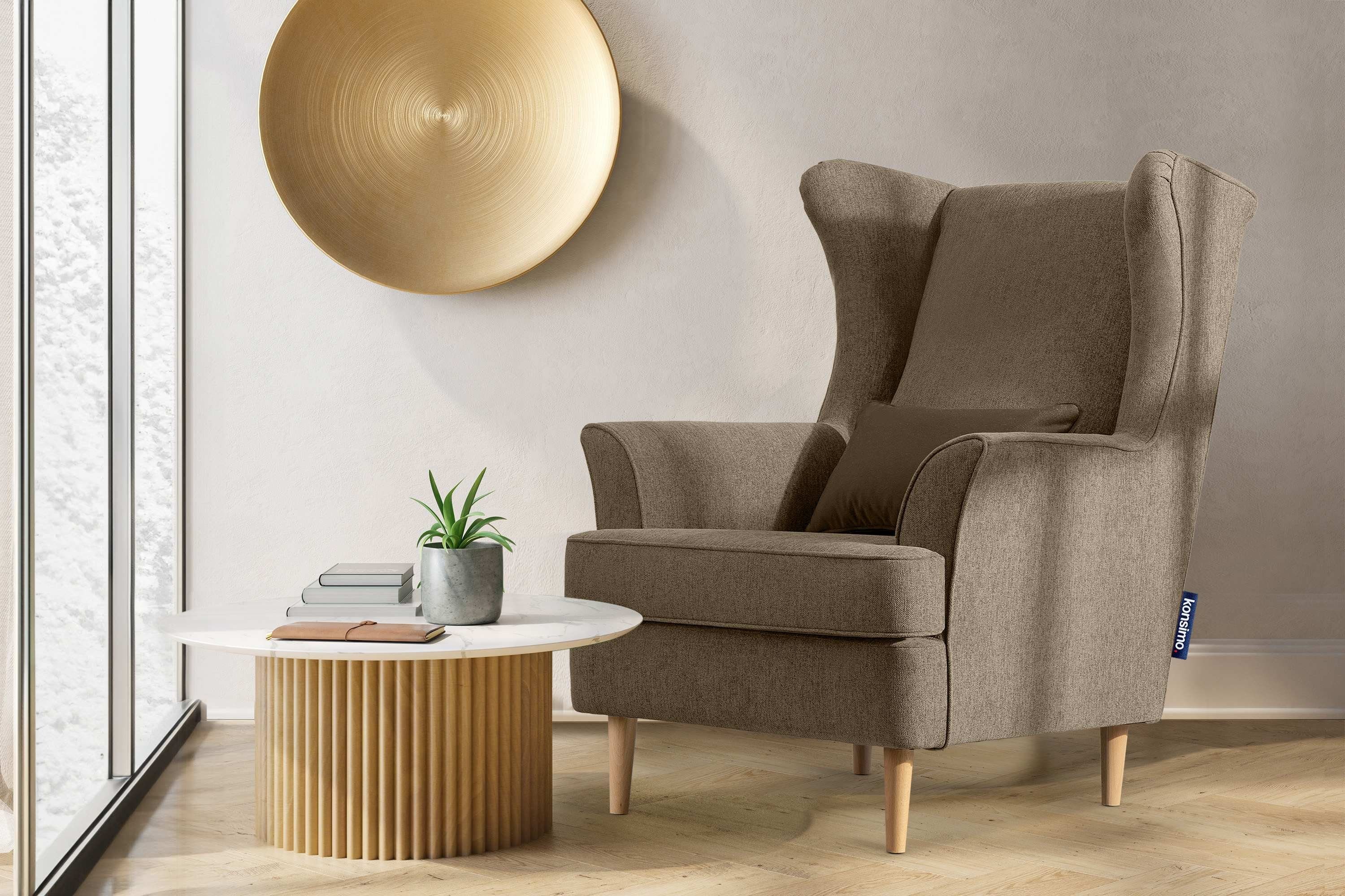Konsimo Ohrensessel STRALIS Sessel, Füße, hohe inklusive Kissen zeitloses Design, dekorativem