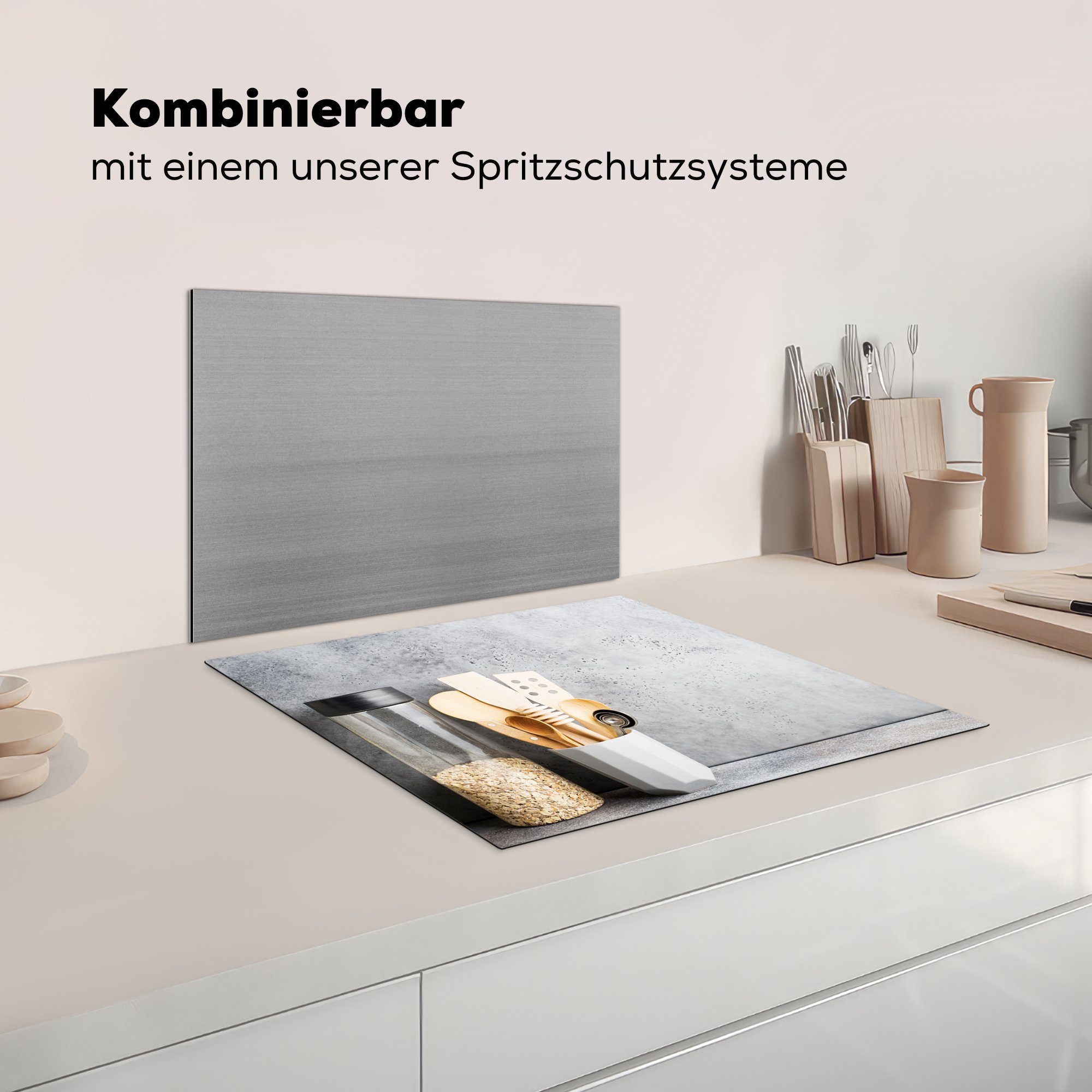 für 58x51 Spatel Küchenutensilien, - - Vinyl, Induktionskochfeld Induktionsherd, Müsli Herdblende-/Abdeckplatte Küchen MuchoWow Dekoration tlg), (1 cm,