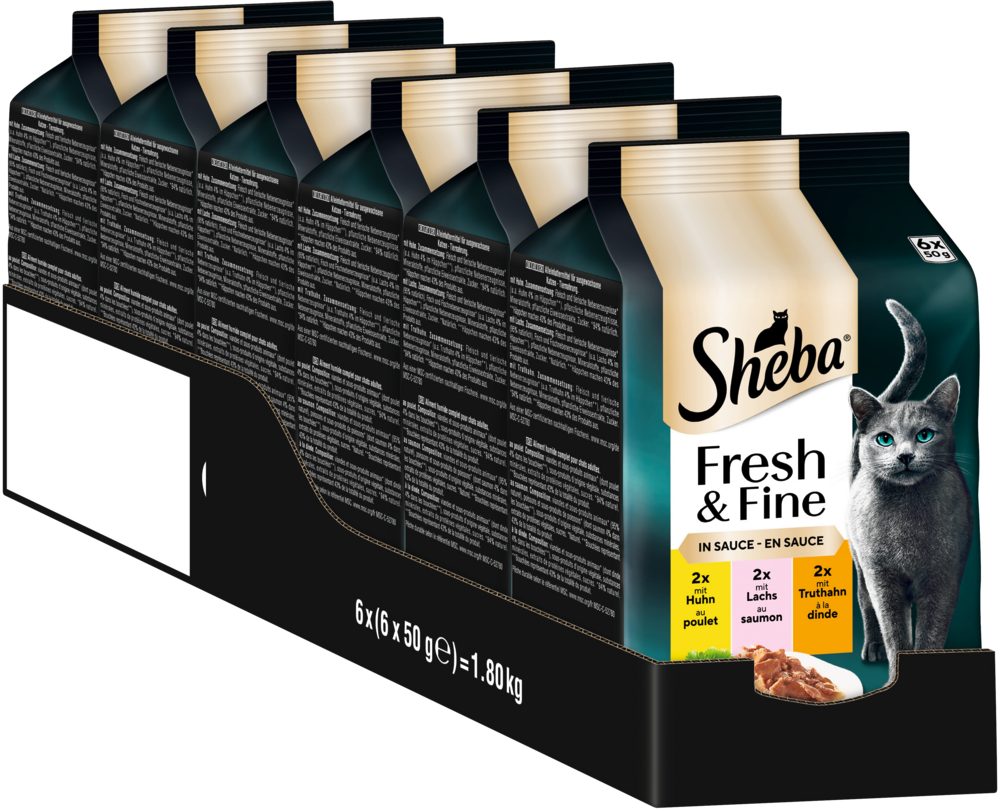 Sheba SHEBA® Fresh & Fine in Sauce mit Huhn, Lachs und Truthahn 6 x 6 x 50g, Nassfutter für: Katze