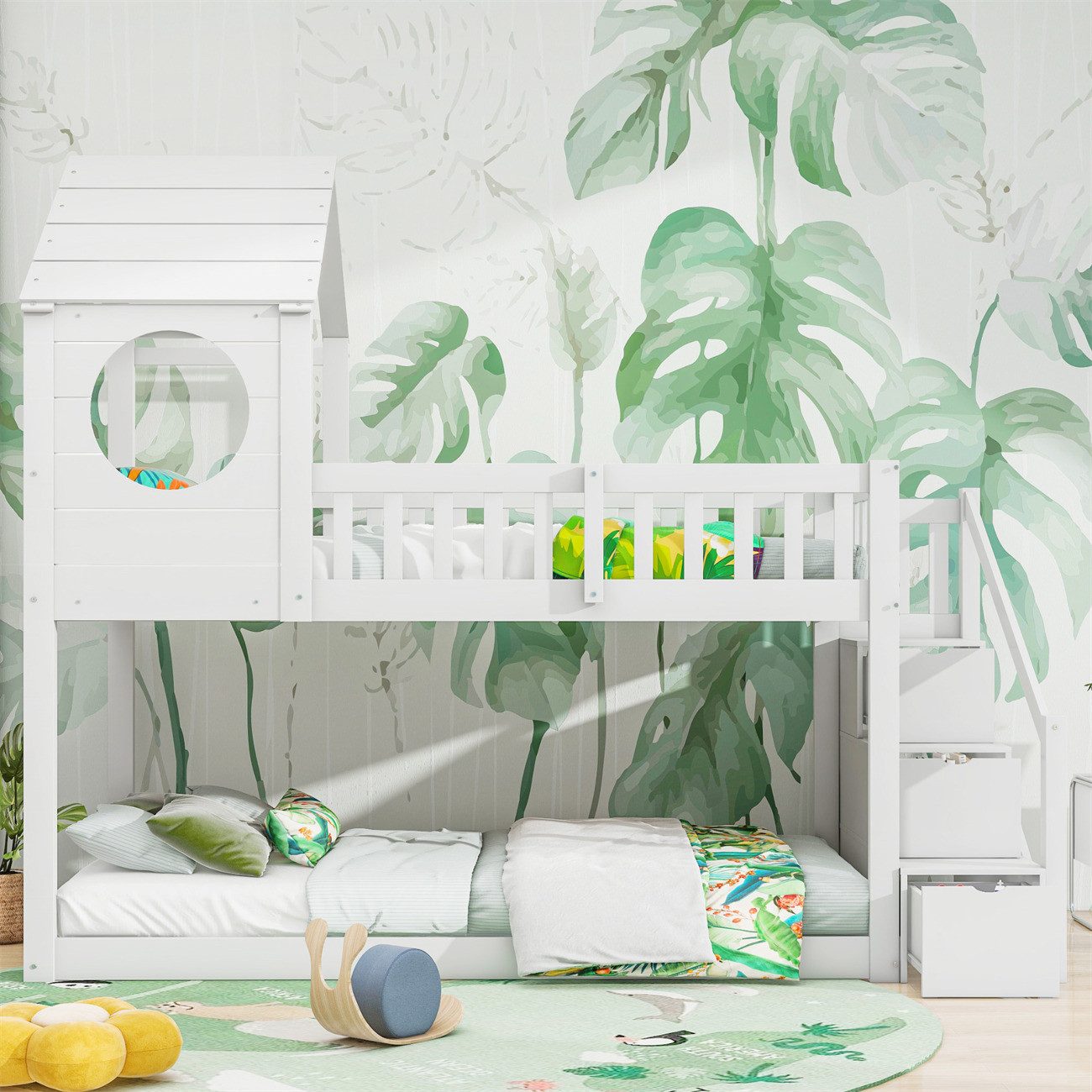 autolock Hochbett Baumhaus Kinderbett,Doppelbett, Kinderbett in Hausform,Leiterschrank Kiefernholz Haus Bett for Kids, 90 x 200 cm, ohne Matratze