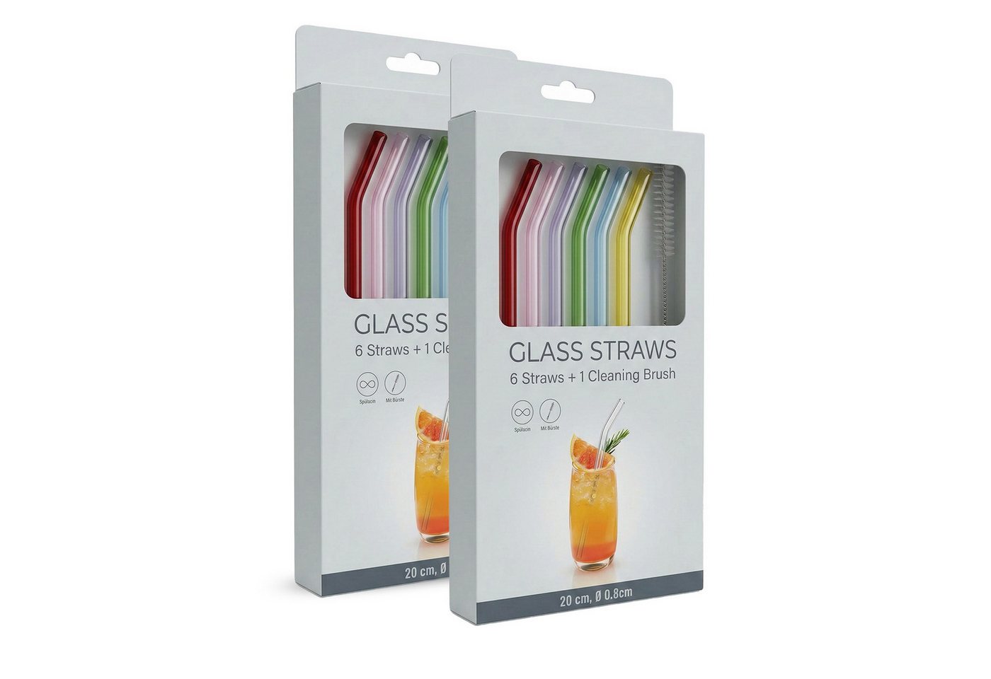 PerloPur Wasserkaraffe 12 Glasstrohhalme bunt (gebogen) Strohhalm Glas + 2 Reinigungsbürsten, Strohhalm aus Glas mit 2 Reinigungsbürsten