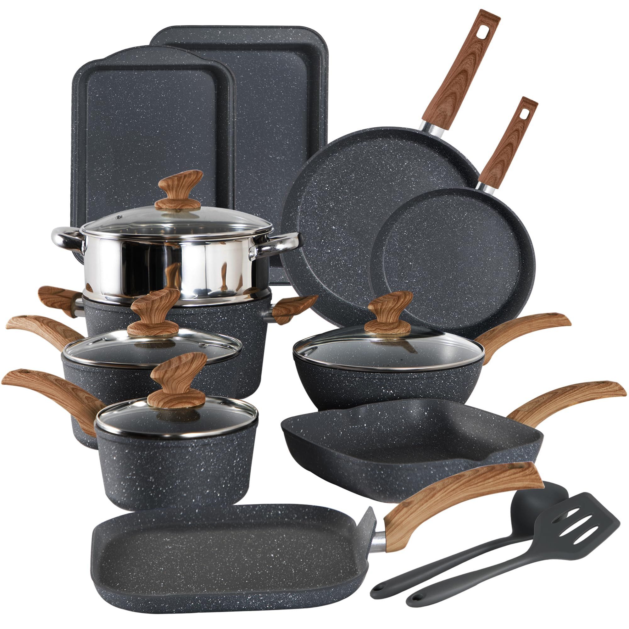 Kitchen Academy Topf-Set, Aluminium, Granit (17-tlg, Pfanne 20cm/28cm, Bratpfanne 24cm, Quadratische Bratpfanne 24cm/29cm, Kasserolle 1,5qt/3qt/5qt, 5qt Dampfgarer, 2 Backform, 2 Silikonspatel), Induktions Töpfe Set 17-teilig Kochtopf Set mit Glasdeckeln