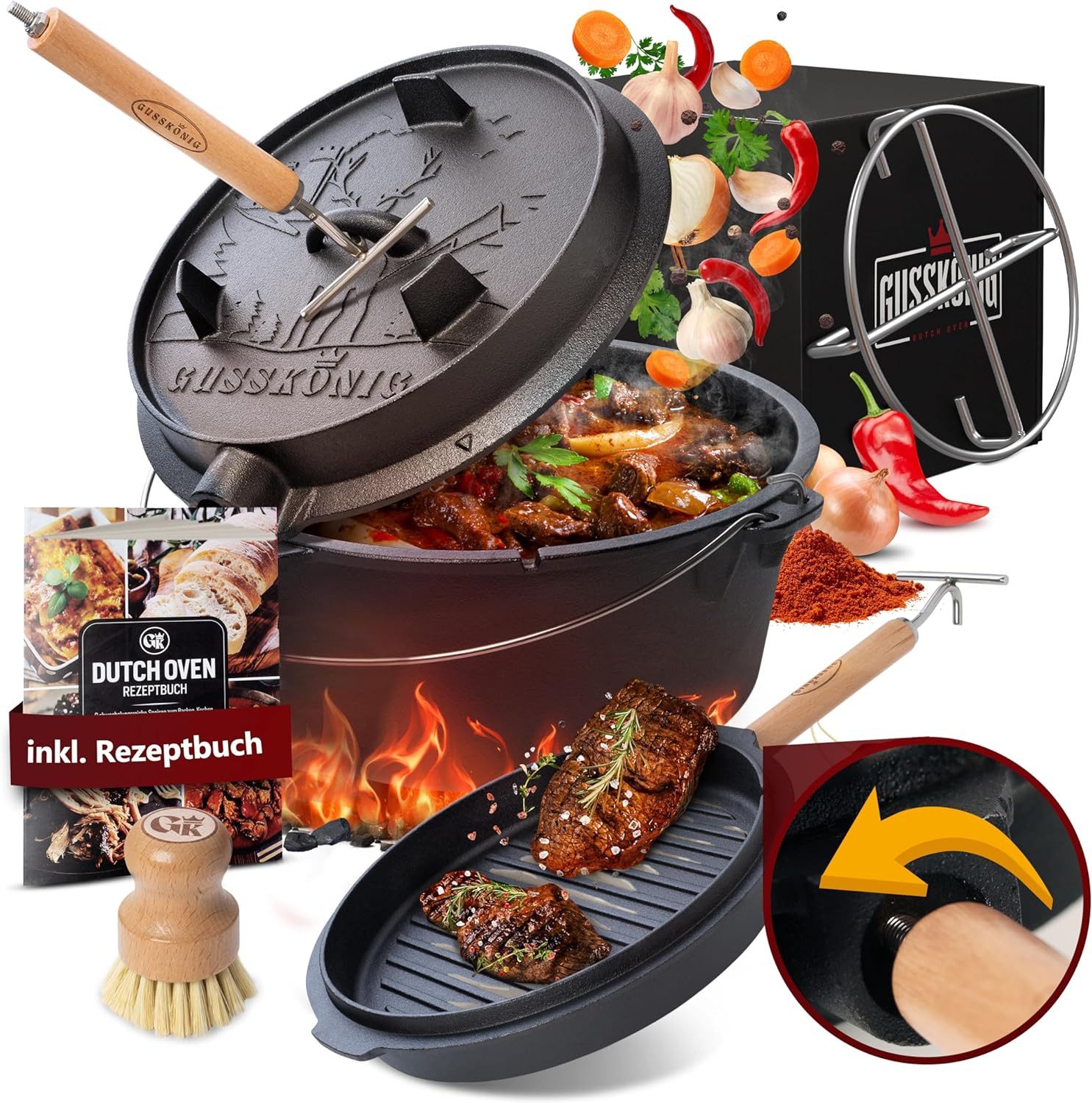 GUSSKÖNIG Grilltopf Dutch Oven Set 9 Liter ohne Füßen 2in1 Deckelheber Bürste Rezeptbuch
