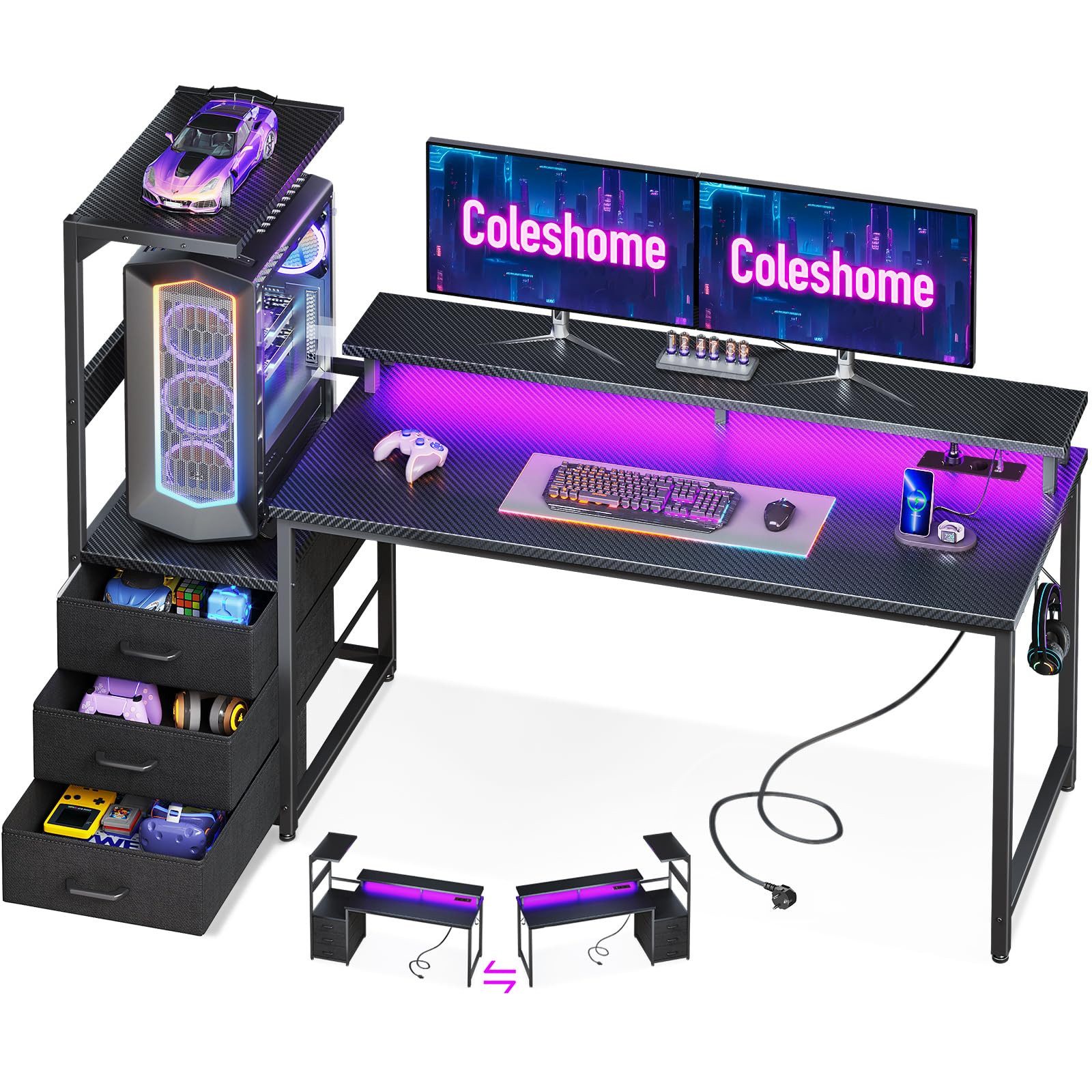 ODK Gamingtisch mit LED-Beleuchtung & Steckdosen, 151cm Carbonfaser-Schwarz (1-St), Computertisch mit 3 Schubladen, Monitorständer & USB-Anschlüssen