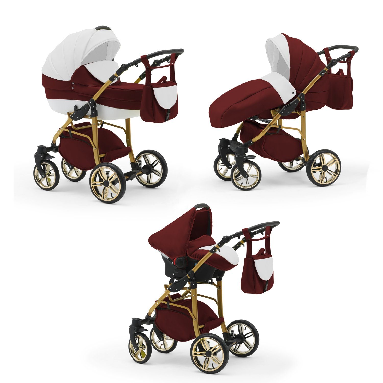 babies-on-wheels Kombi-Kinderwagen 3 in 1 Kinderwagen-Set Cosmo Gold- 16 Teile - in 46 Farben Bordeaux-Rosa-Weiß