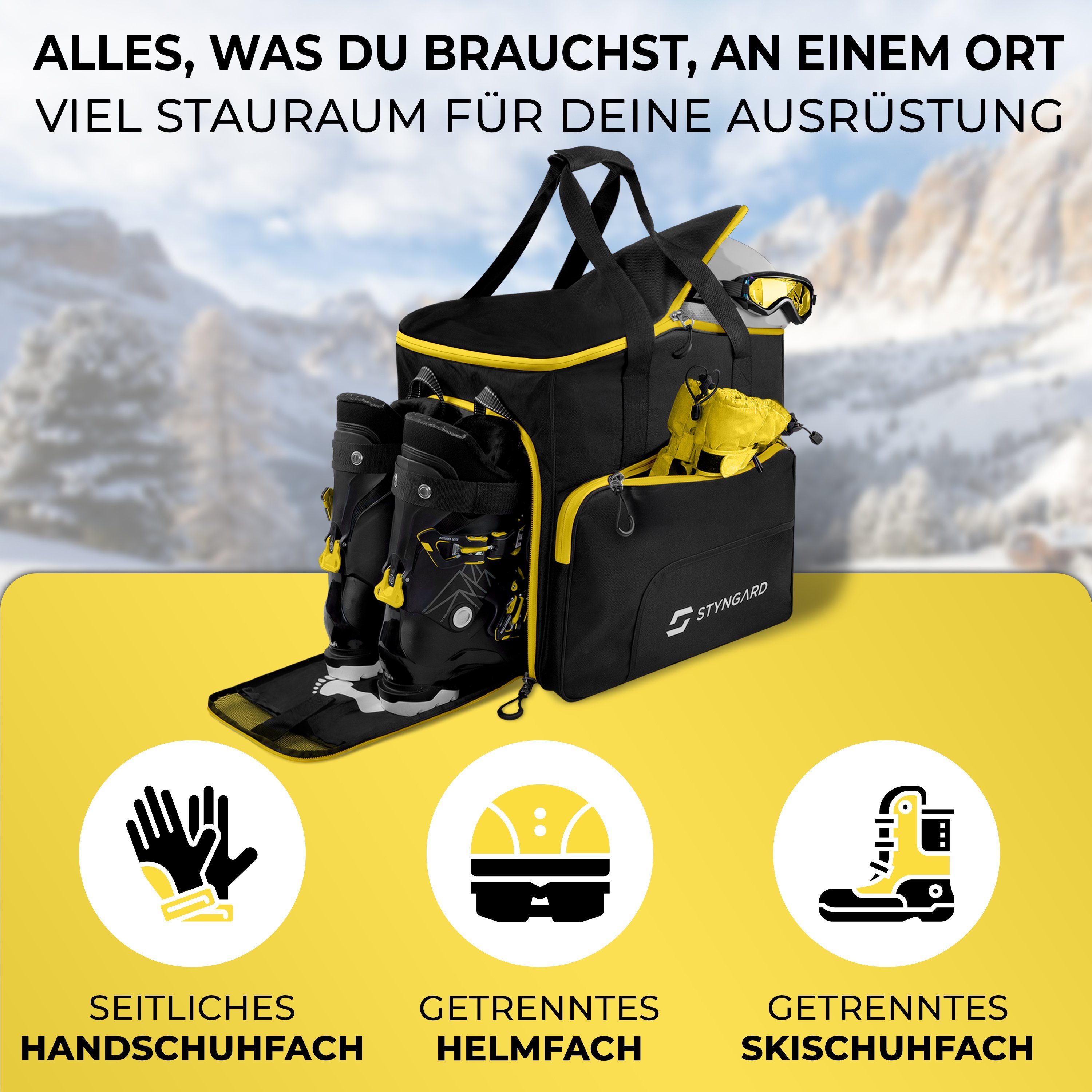 Styngard Skitasche SÖLDEN (mit Rucksackfunktion), Skischuhtasche mit Helmfach und belüftetem Stiefelfach [54 L]